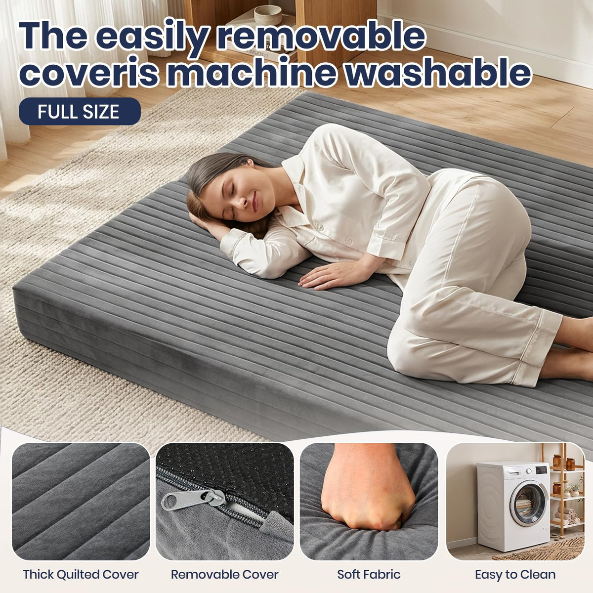 Sorrlla 6 Inch Futon Mattress Full Size, Foldable Futon Floor Sofa Bed with Soft Thick Quilted Cover- High Resilience Foam Filling for Home, Guest Room, Dorm, Grey (Frame Not Included)