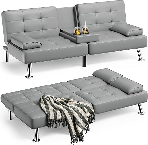 Faux Leather Futon Sofa Bed with Adjustable Backrest & Cup Holders