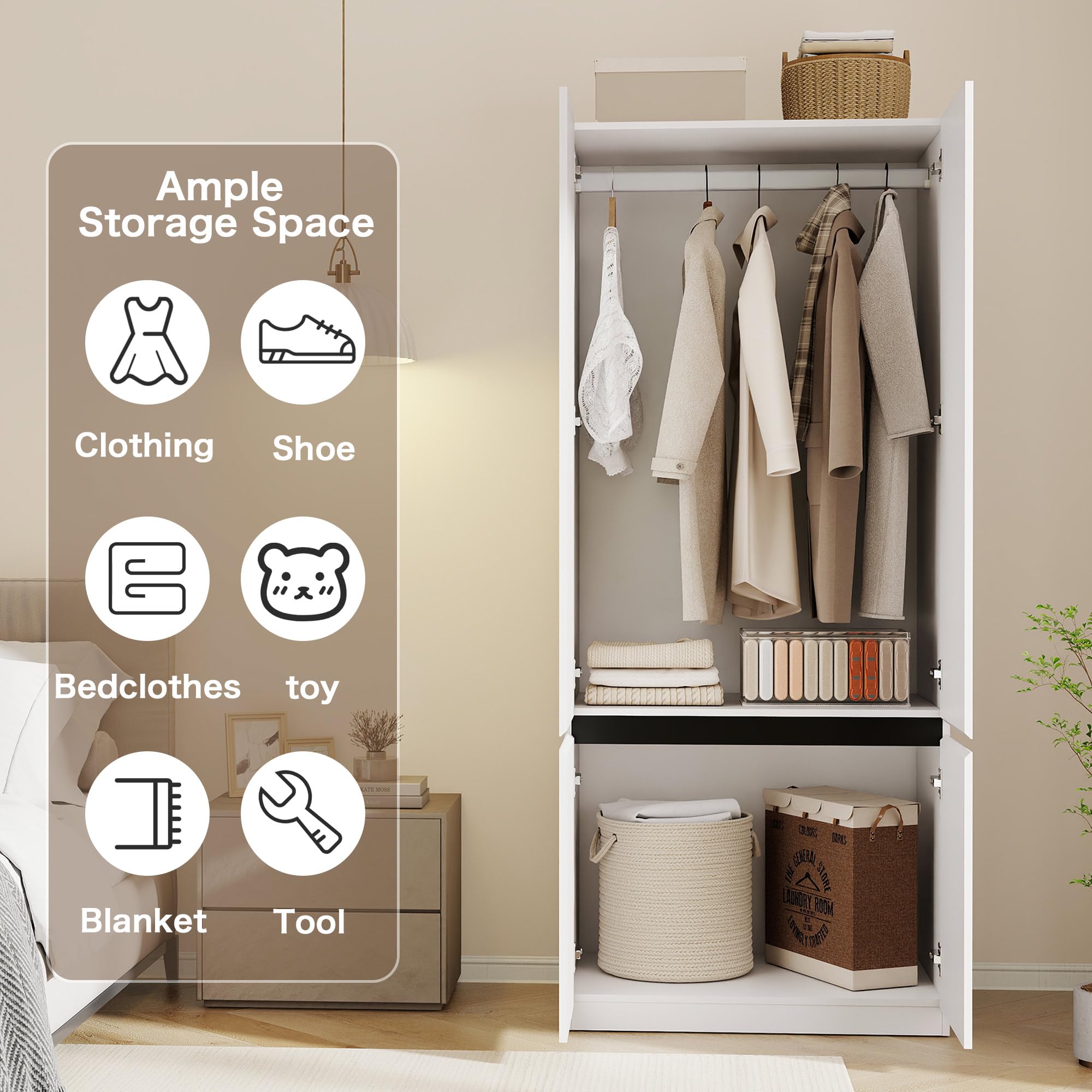 Swyanste White Armoire Wardrobe Closet: 74" Large Wardrobe Closet with 4 Doors, Wood Closets Cabinet for Hanging Clothes, Freestanding Bedroom Armoires (63 in-4 Doors)