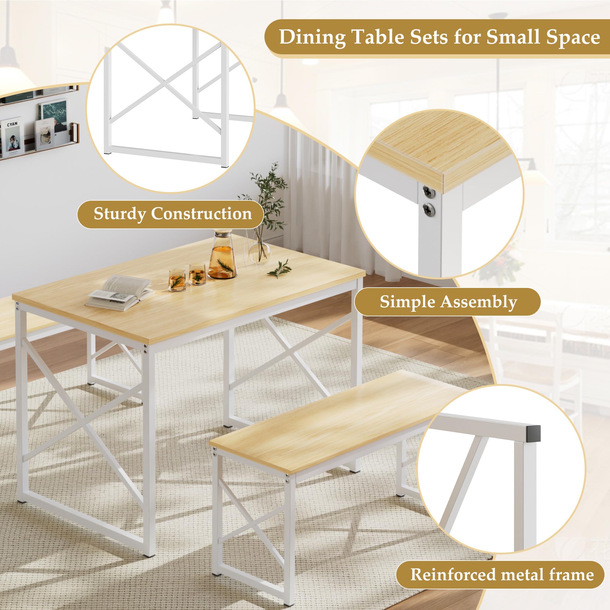 VECELO Kitchen Dining Table Benches Set for 4, 43.3" Wooden Dinette with 2 Benches, Heavy-Duty Dining Room Table for Small Space, Breakfast Nook, Natural Oak