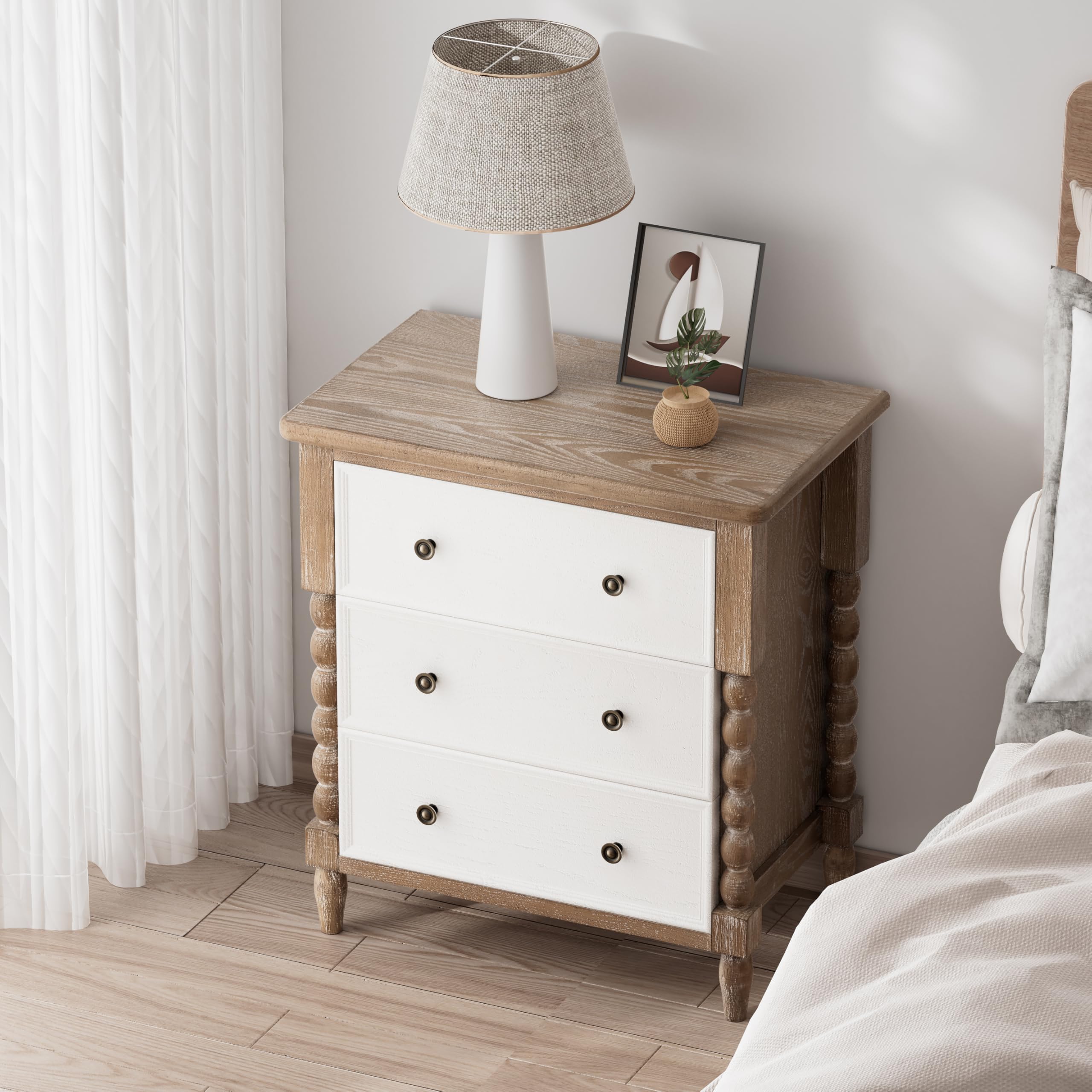 COZAYH Farmhouse 3-Drawer Dresser, Rustic Wood Chest with Turned Legs, Vintage Nightstand Storage Cabinet for Bedroom, Distressed Natural & White Finish, Almost Fully Assembled