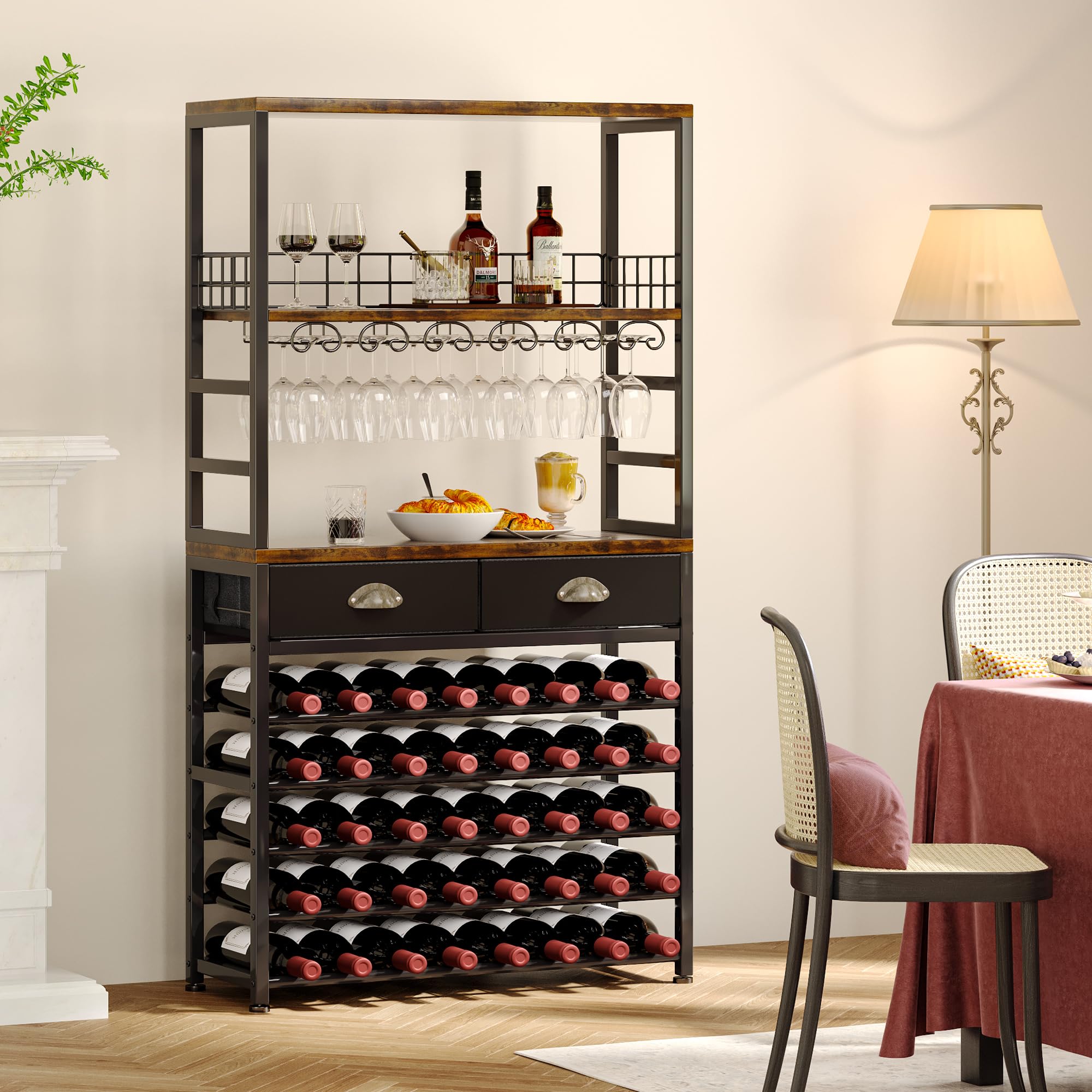 Homeiju Wine Cabinet with Storage, Wine Rack Freestanding Floor, 6-Tier with Tabletop, Drawer and Wine Storage for Home Bars