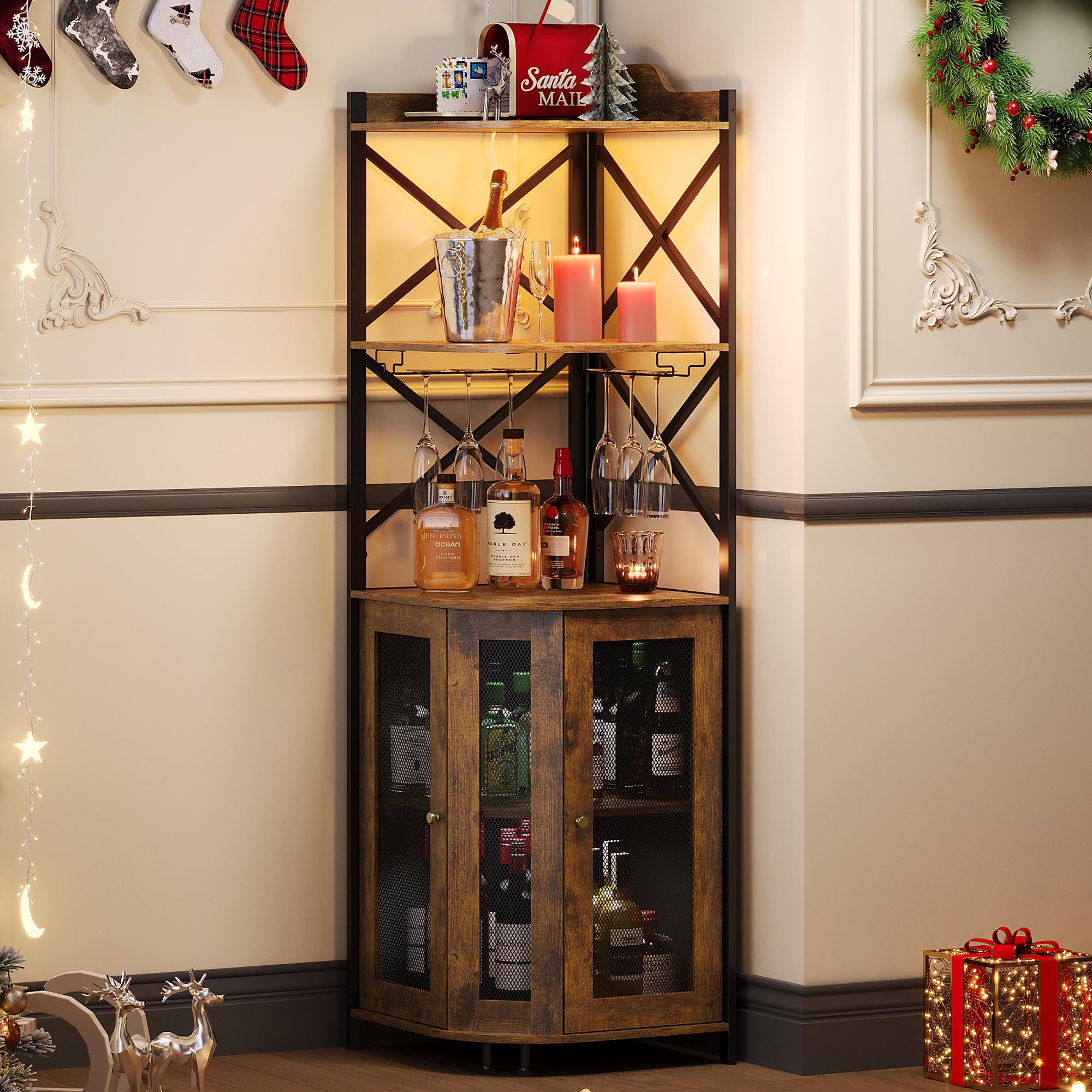 5-Tier Corner Bar Cabinet with LED Lights & Glass Holder