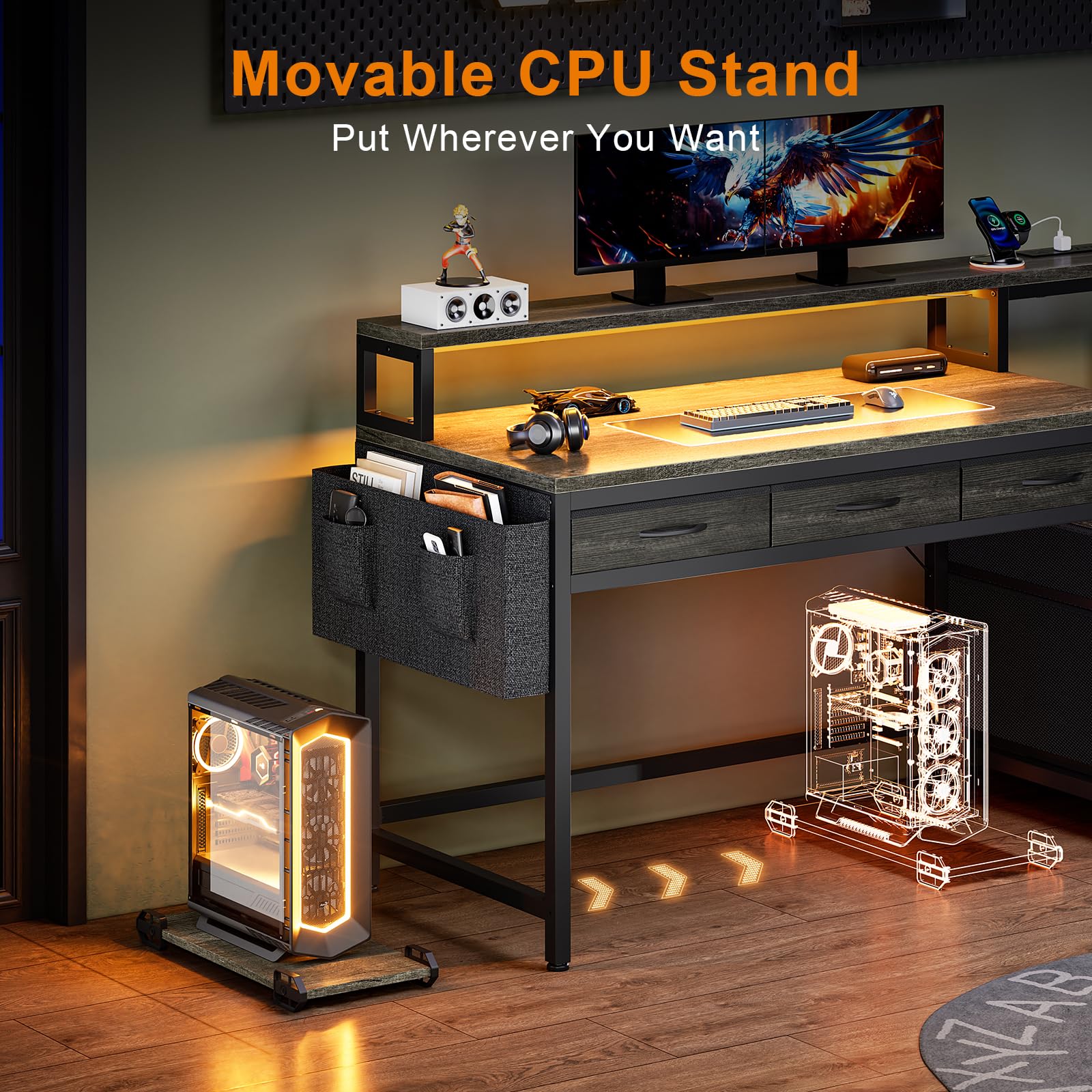 61-Inch Gaming & Computer Desk with Charging Station, LED Lights & Storage