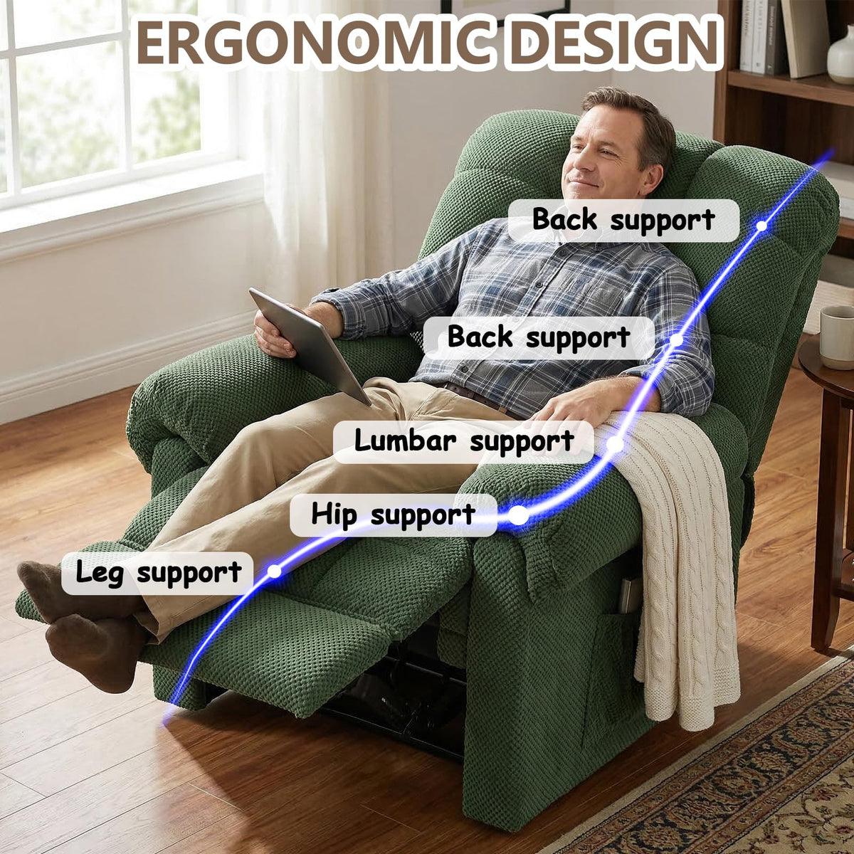 Small Recliner Chair with Side Pockets, Green Fabric RV Recliner for Adults, Traditional Manual Recliners Chair for Small Spaces, Reclining Chairs for Living Room Bedroom, Overstuffed (Green)