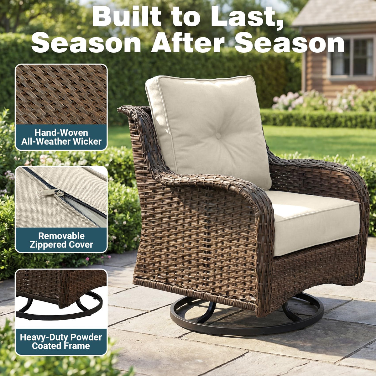ADRERIC 3-Piece Patio Furniture Set with 6" Ultra-Thick Cushions, Swivel Rocker Chairs with Side Table, All-Weather Round Wicker Conversation Set & Bistro Set for Porch Sunroom Deck, Beige