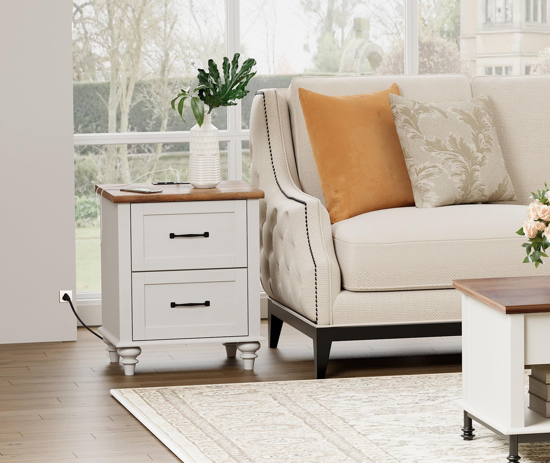 WAMPAT Side Tables Set of 2 Nightstands, Mid-Century End Table for Bedroom, Wooden Bedside Table with 2 Large Drawers, Solid Wood Leg Night Stand for Bedroom & Living Room, Off White