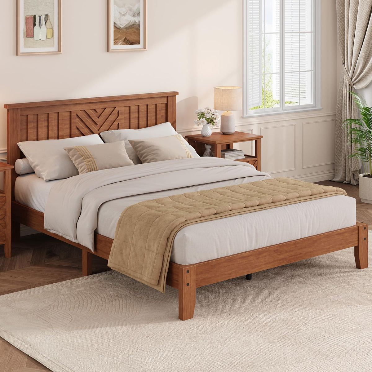 Garvee Wooden Queen Platform Bed Frame with V-Pattern Headboard, Noise-Free Slat Support, No Box Spring Needed, Easy Assembly, 7.8" Under-Bed Storage Space, Light Brown