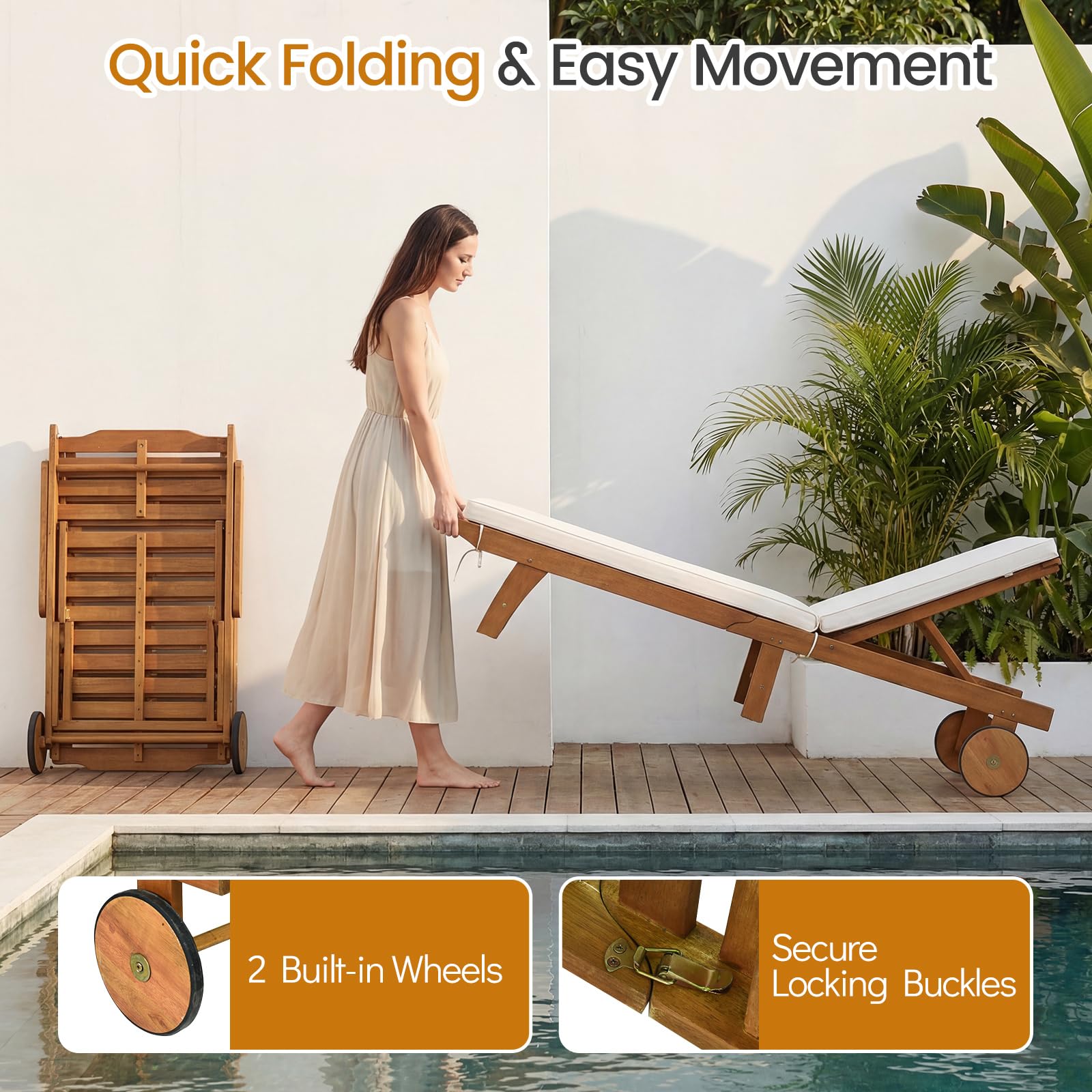 Tangkula Folding Lounge Chair Outdoor, Patio Eucalyptus Wood Chaise Lounge with 5-Level Adjustable Backrest & Cushions, Portable Beach Pool Sunbathing Recliner with Wheels for Outside (1,Off White)