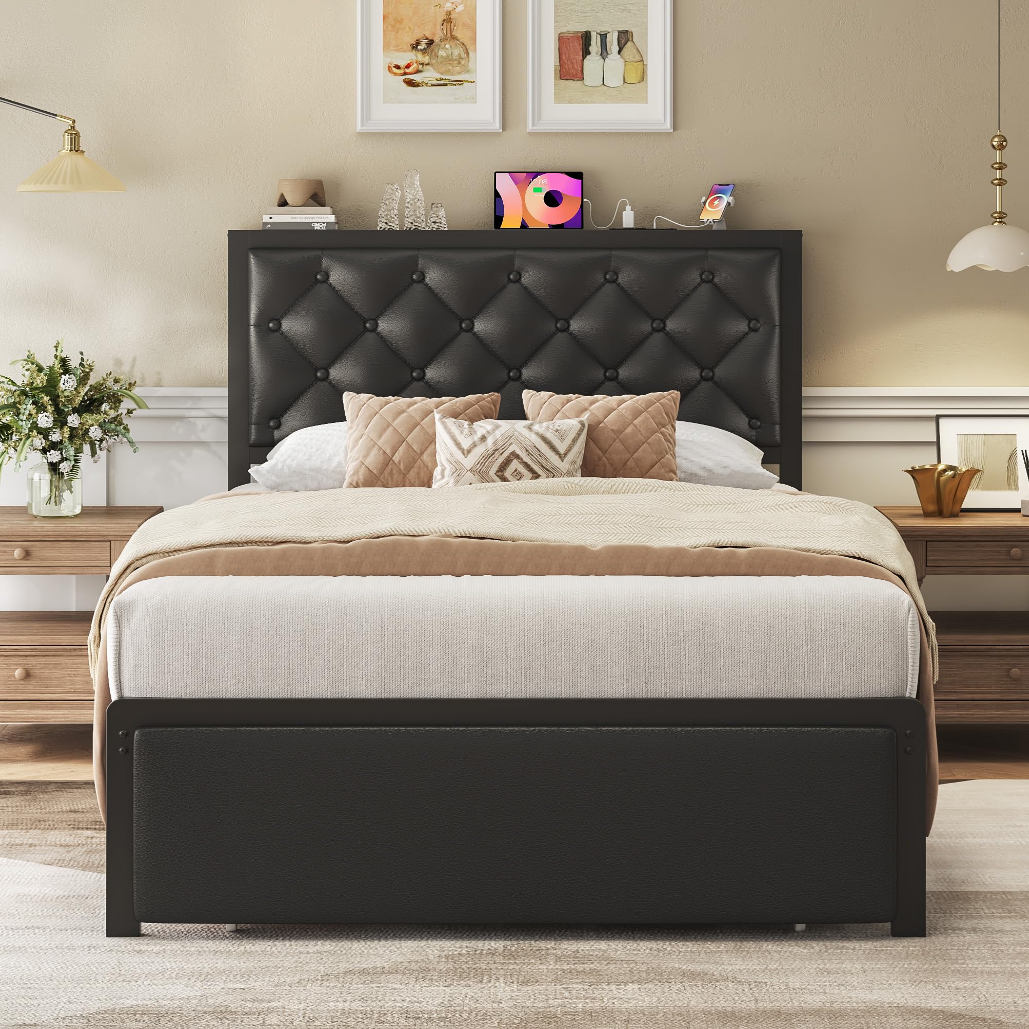 Queen Bed Frame with Storage Drawers & Charging Station