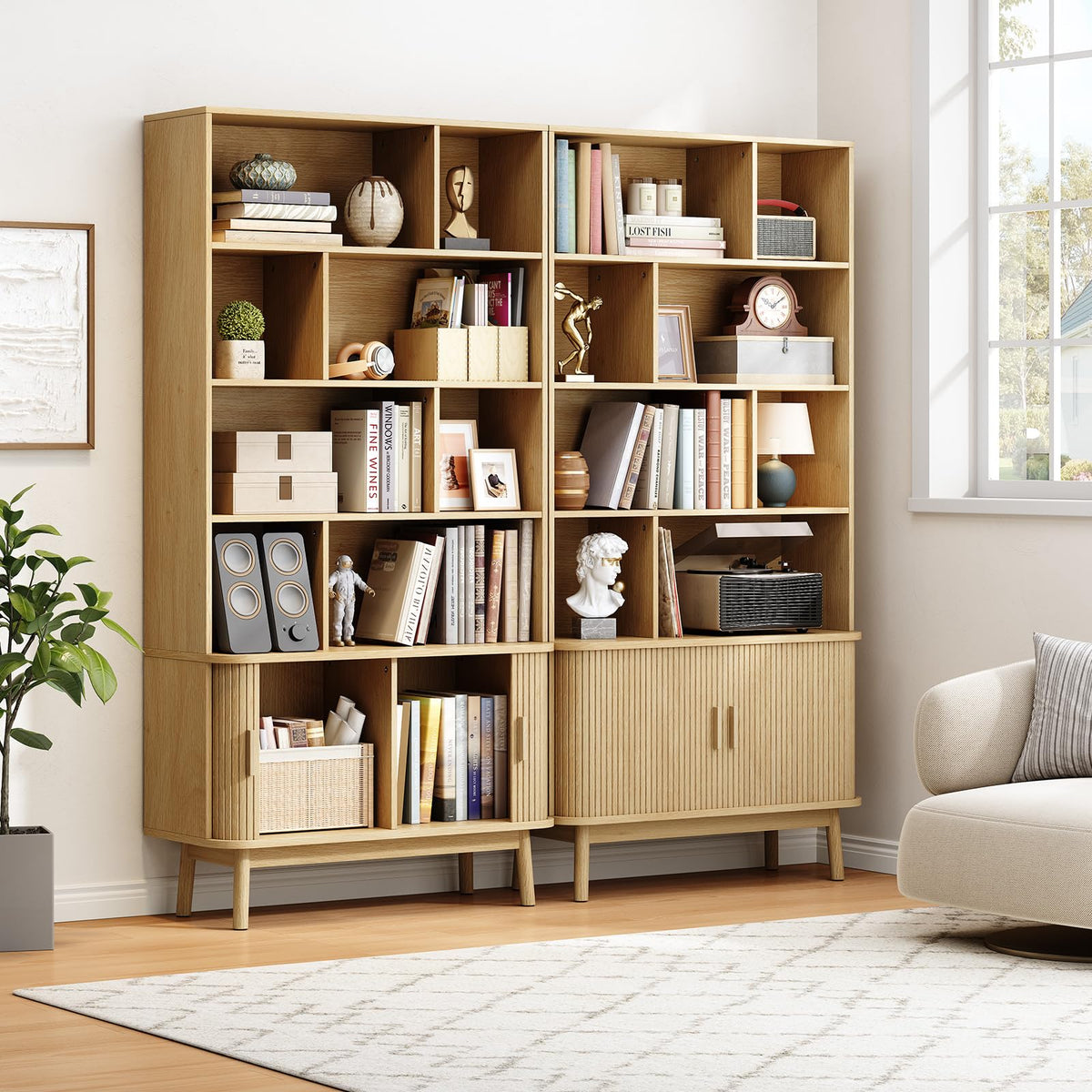 ONBRILL 71" Tall 8-Cube Bookshelf, 35.4" Wide Bookcase with Door, Oak