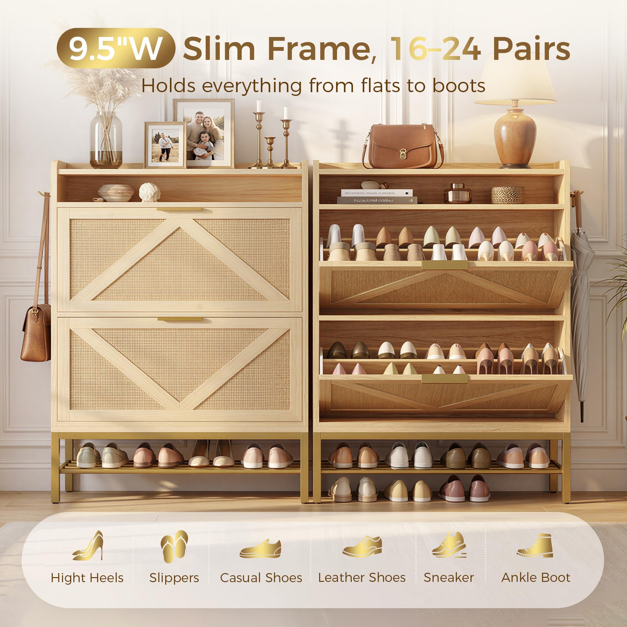Rattan Shoe Cabinet with Flip Drawers & Side Hooks