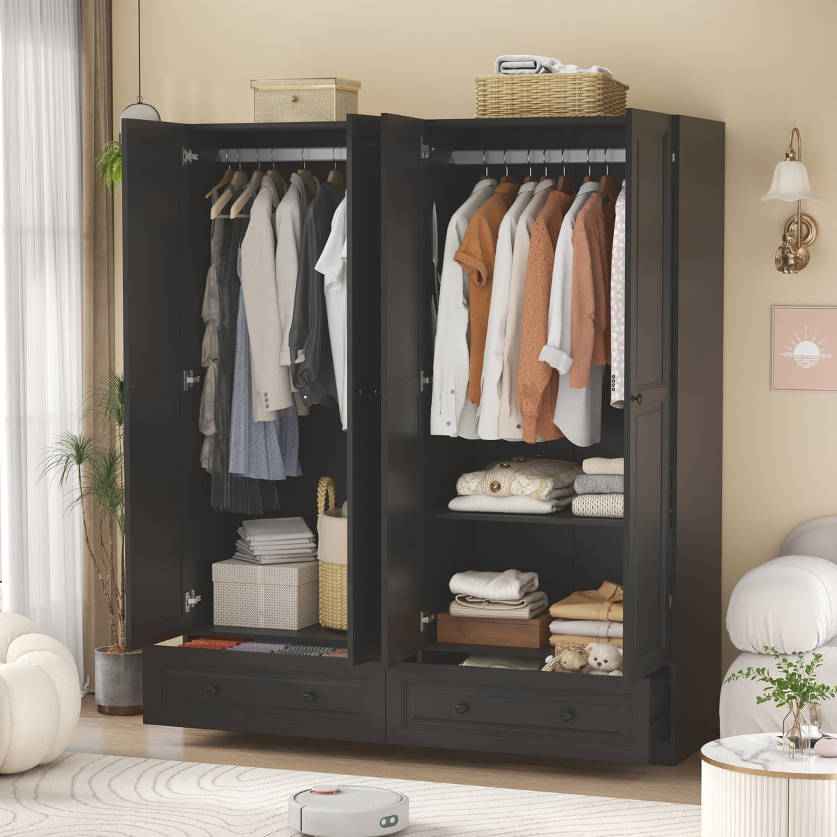Mhsatyrs Black Armoire Wardrobe Closet with 2 Drawers, 74" Tall X 63" Wide