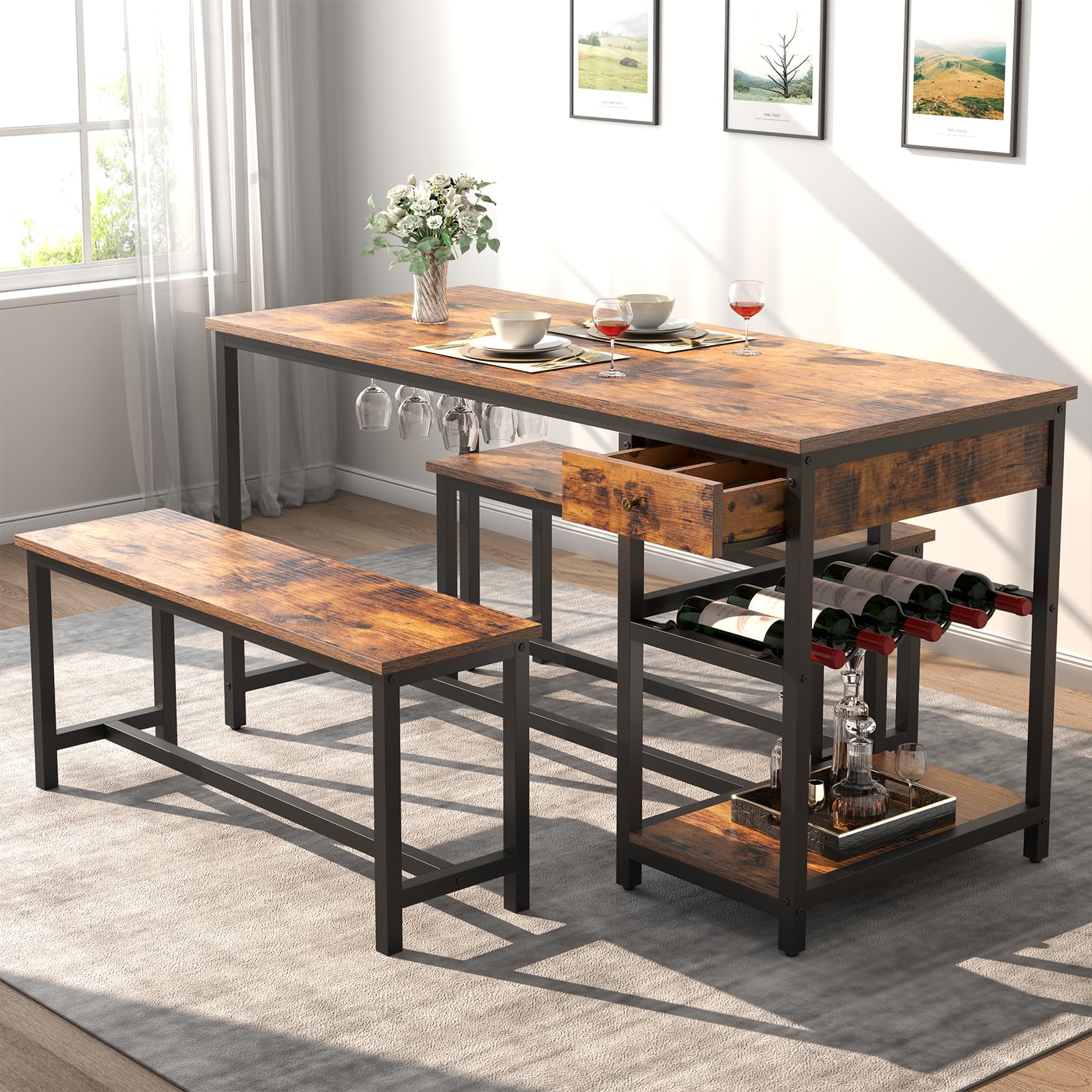 Dining Table Set with Storage & Wine Rack, Brown