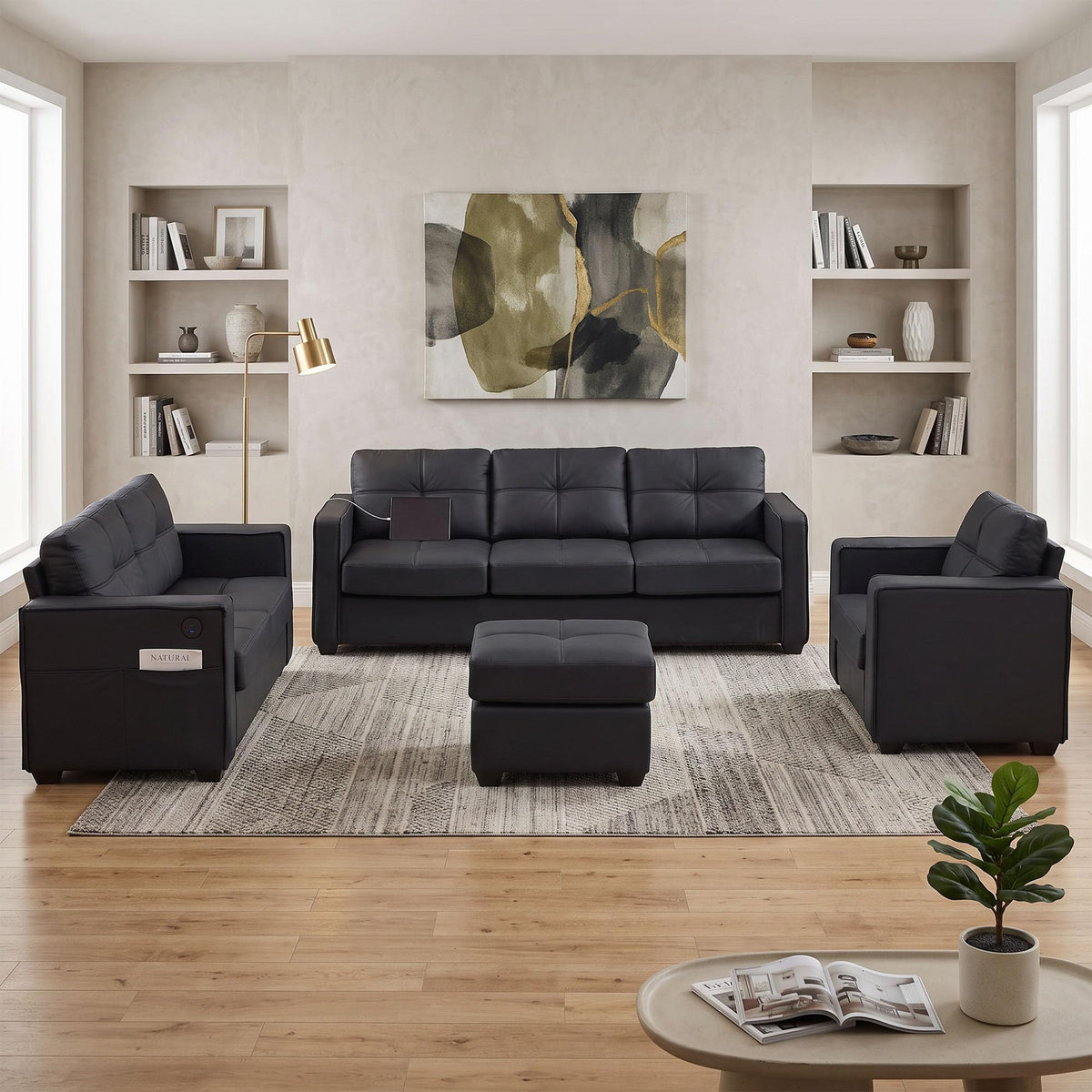 4-Piece Faux Leather Living Room Set, Black