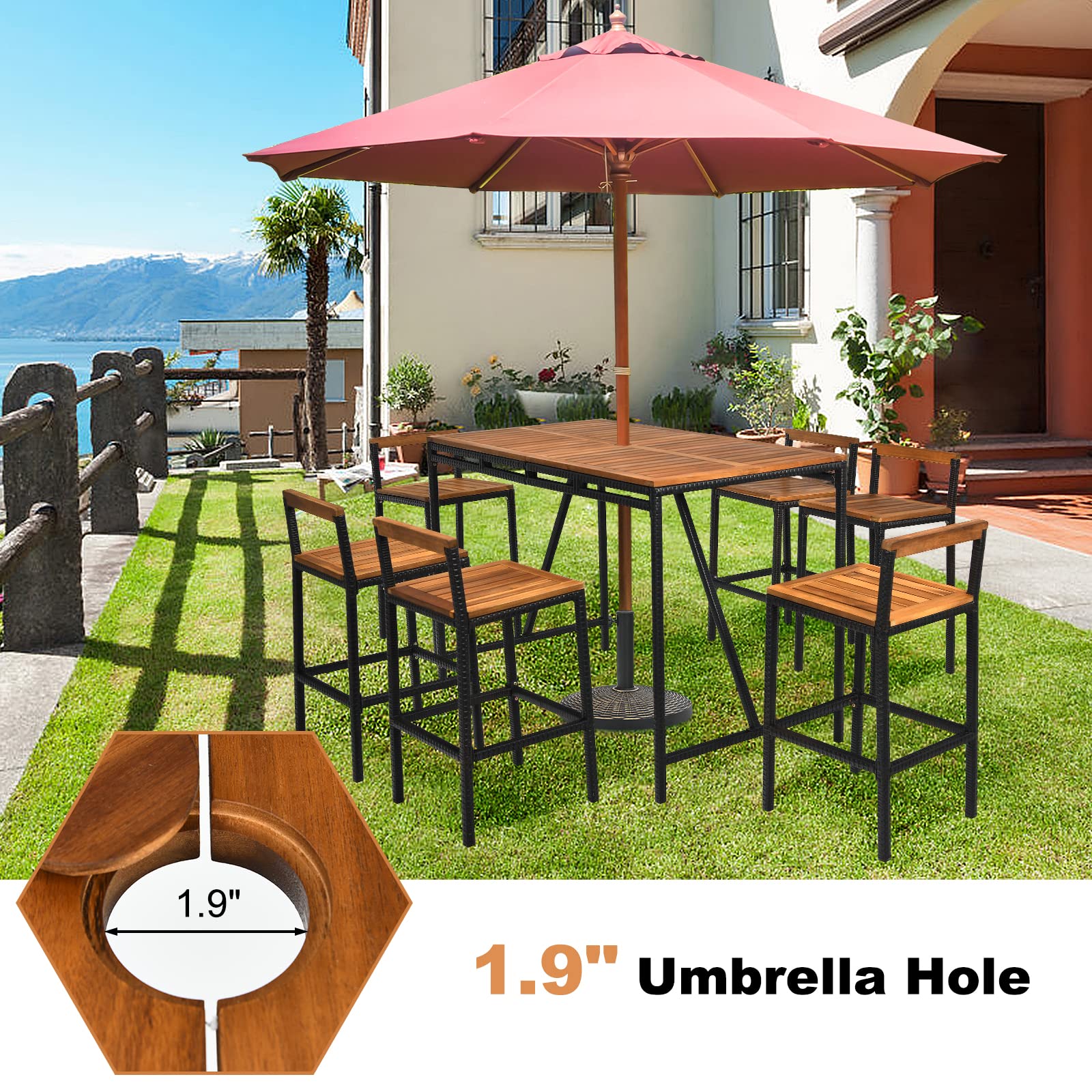 HAPPYGRILL 7 Piece Patio Bar Table Set with Umbrella Hole Acacia Wood High-Dining Bistro Set with 6 Bar Stools, PE Wicker Outdoor Bar Set for Backyard Patio and Poolside
