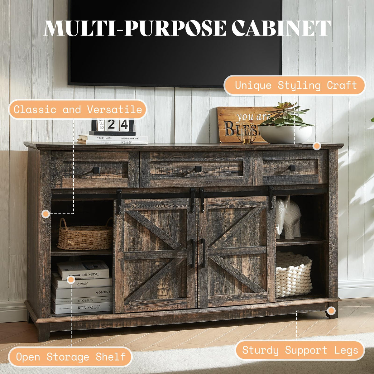 AMERLIFE Living Room Table Set of 3 with 59" TV Stand, Oak Black
