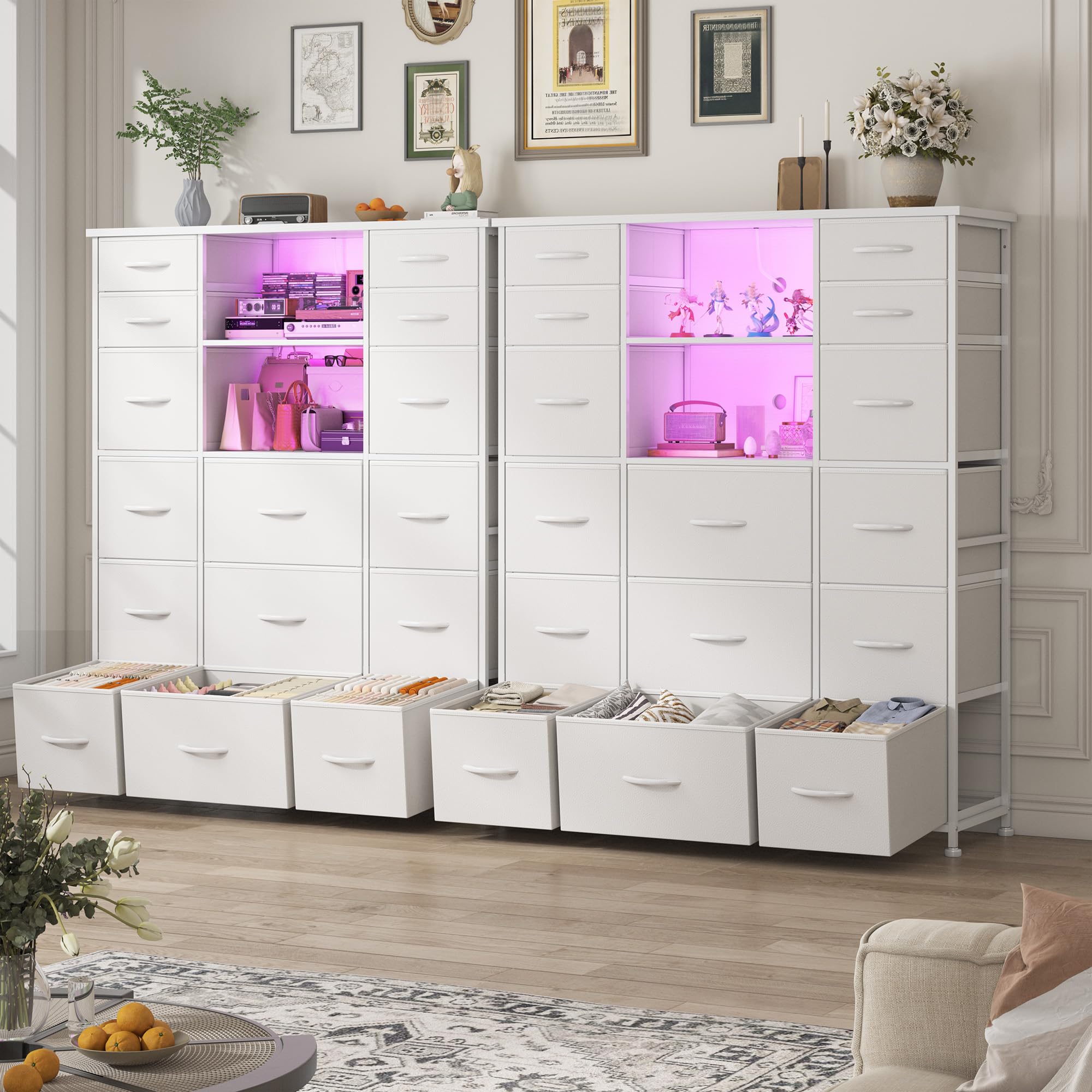 EnHomee 51" H White Dresser with 15 Drawers Dresser for Bedroom with Charging Station & LED Lights & Hutch Sturdy Bedroom Dressers, Steel Frame, Wood Top, 51.2" H x 39.3" W x 11.8" D