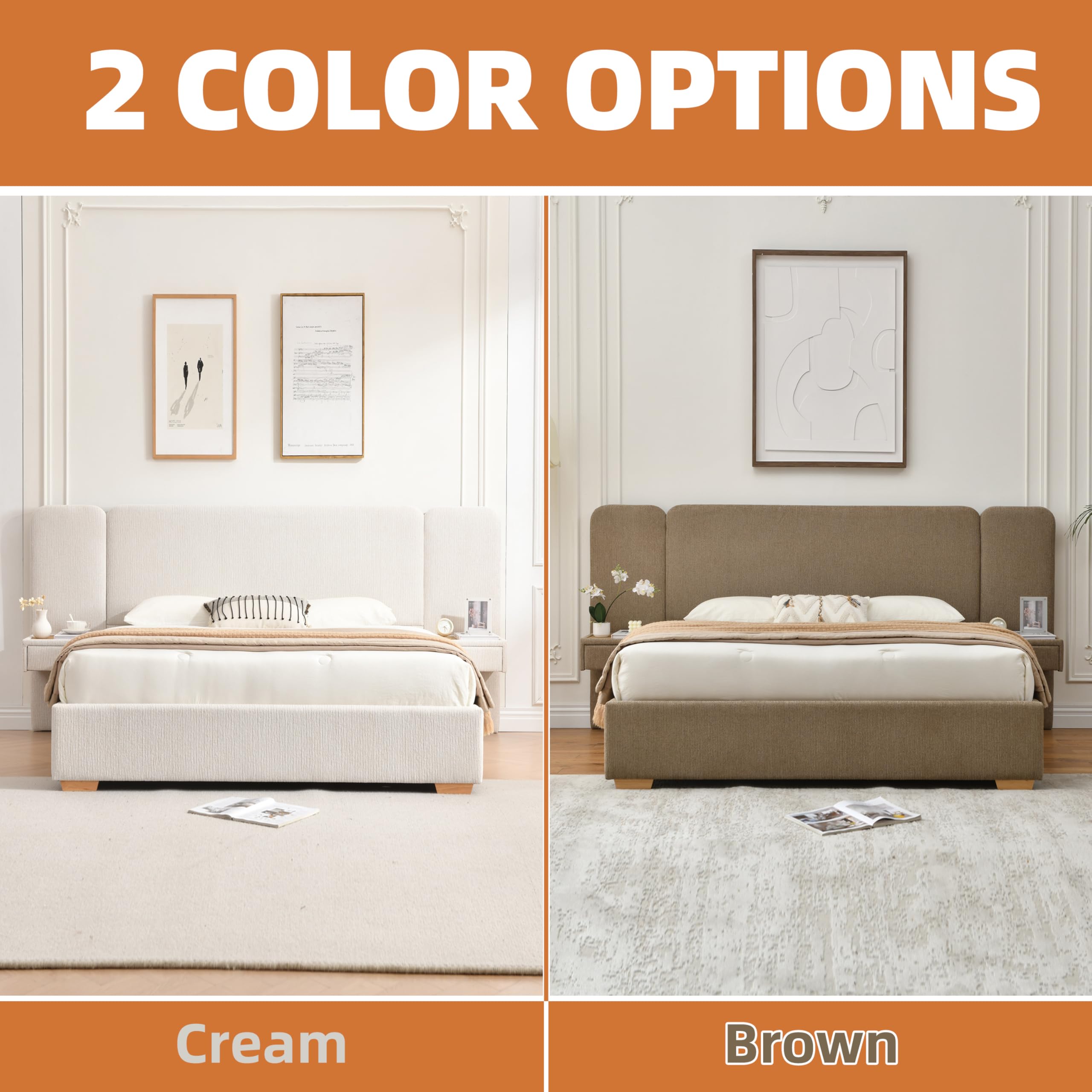 Queen Size Platform Bed Frame with 2 Built-in Nightstands, Wood Bed Frame with 2 Storage Drawers, Luxury Bed Frame with Chenille Upholstered Headboard, Easy Assembly, No Box Spring Needed, Brown