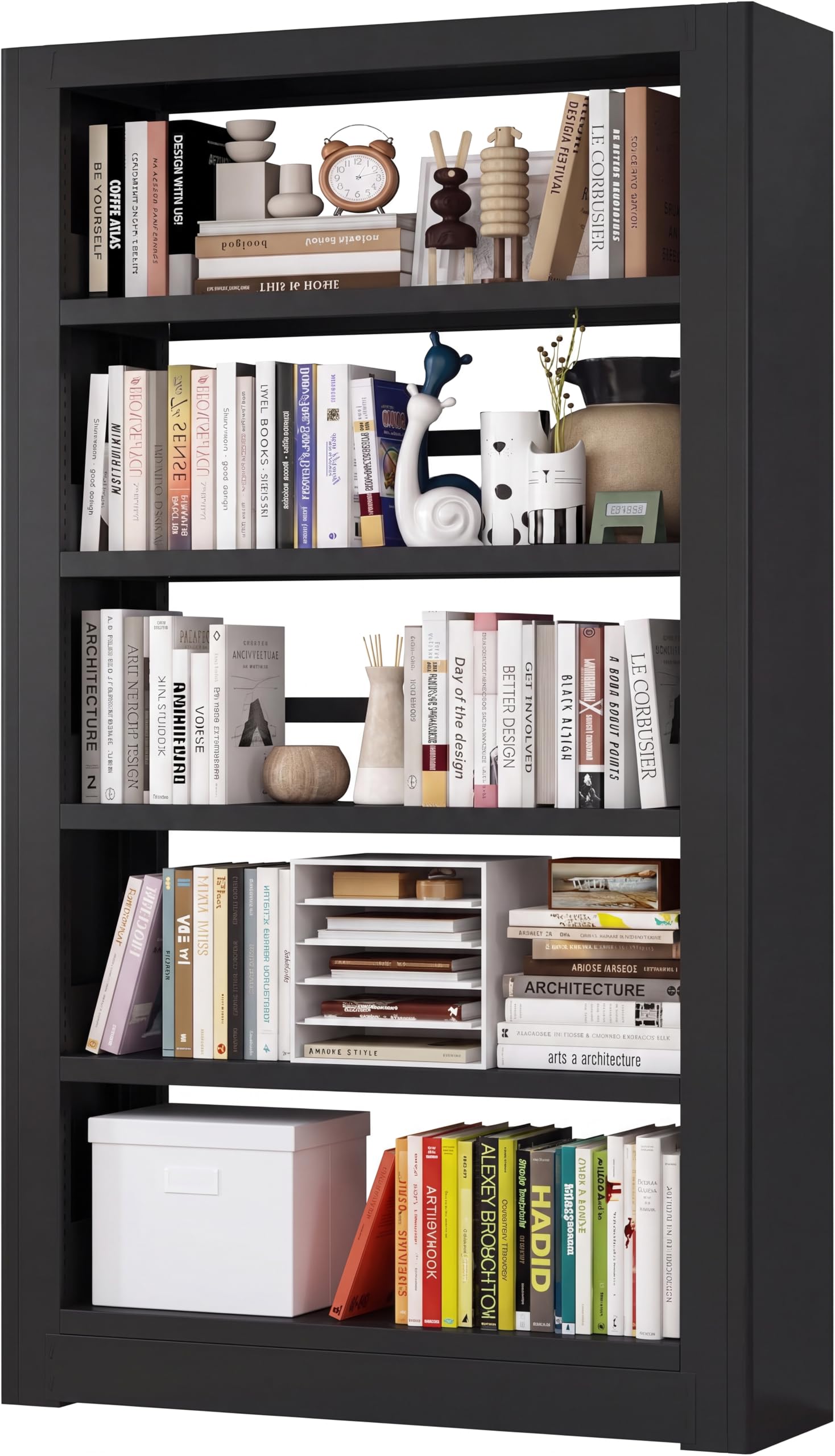 InaryLof Heavy Duty Metal Bookshelf, 71” Tall 5-Tier Bookcase, 300LB Capacity Per Shelf, Adjustable Steel Shelves, Wide Industrial Bookcase for Living Room, Home Office, Library, Garage, Black