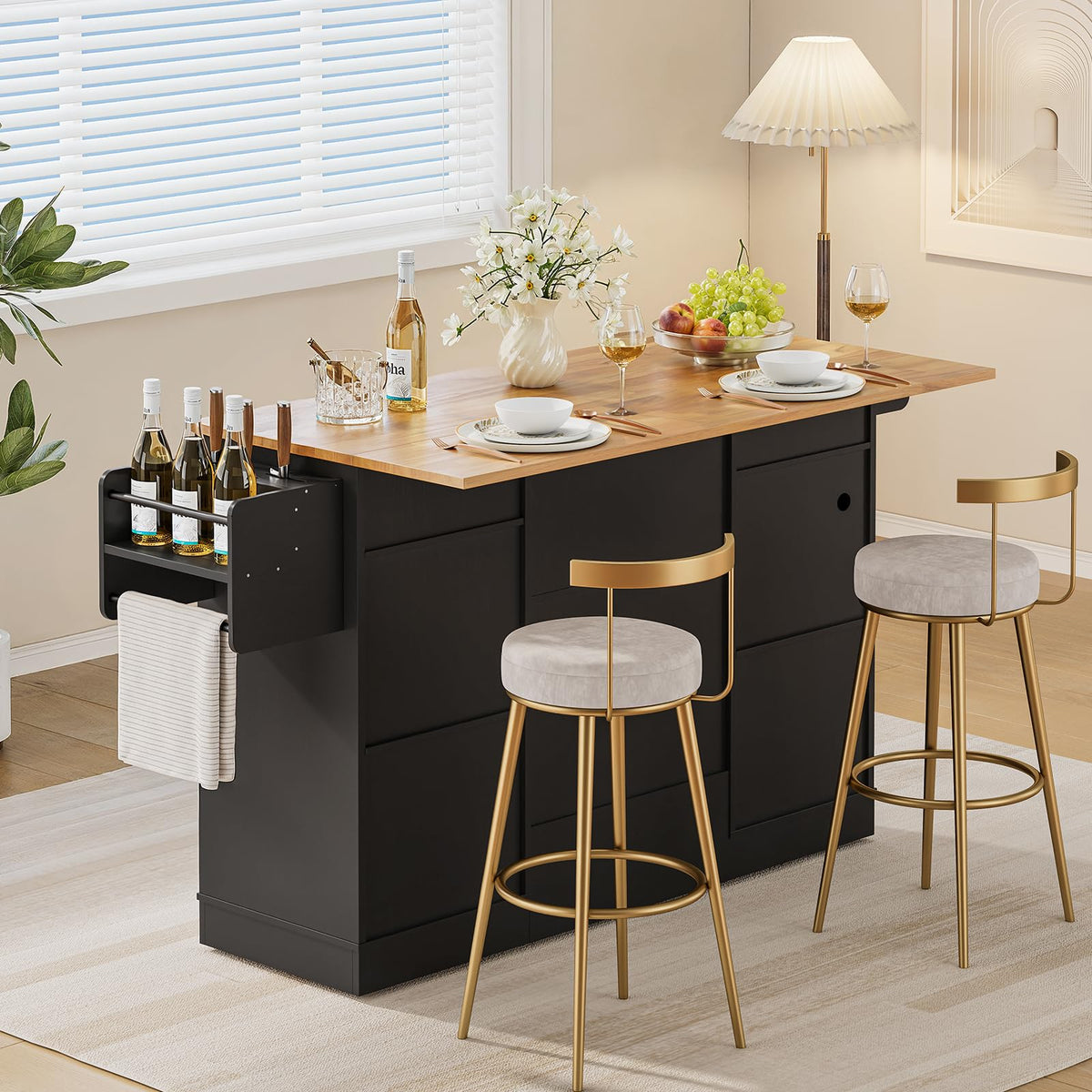 ONBRILL Kitchen Islands with Movable Wood Cutting Board & Trash Can, Black