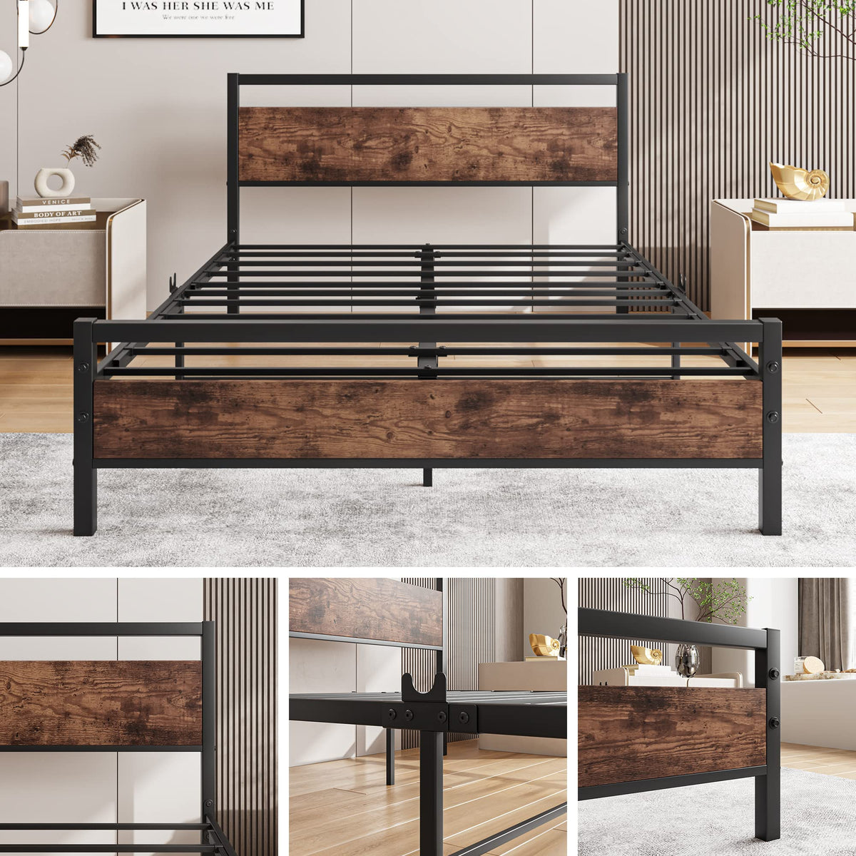 HOJINLINERO Full Size Bed Frame with Headboard,Wood Bed Frame Rustic Brown