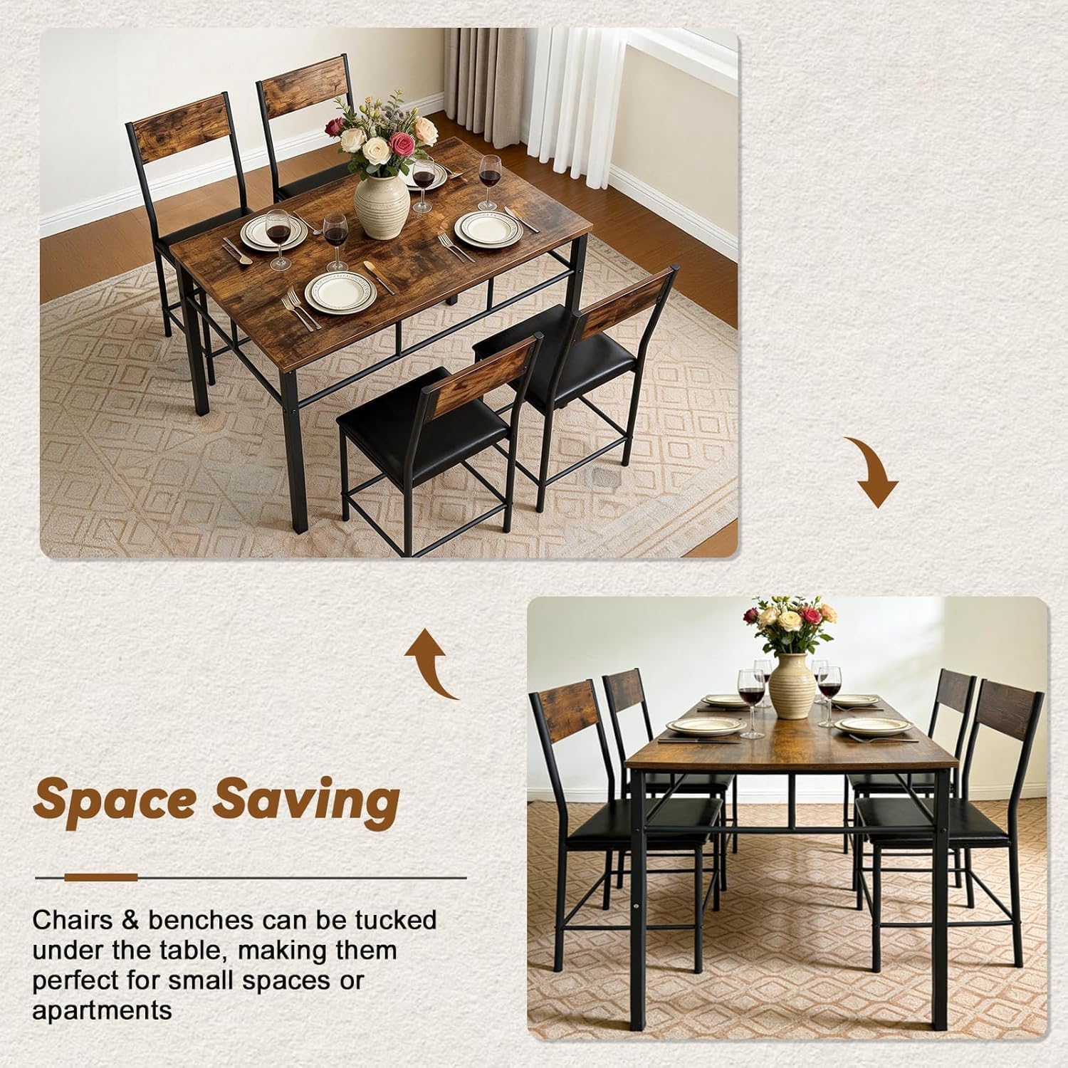 Viugex 5-Piece Dining Table Set for 4, Modern Wooden Kitchen Table with Upholstered Chairs, Space-Saving Rectangle Dining Room Table for Small Space, Dinette, Apartment, Easy to Assemble, Rustic Brown