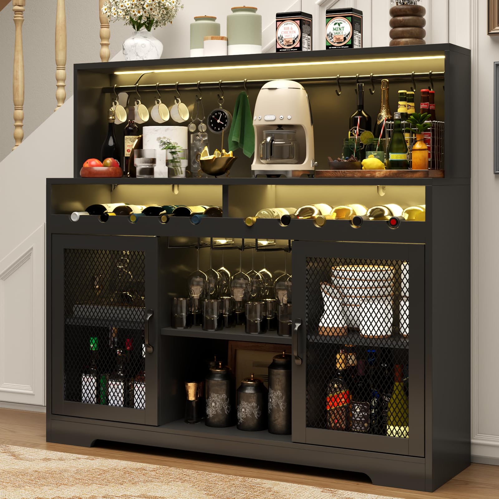 Loomie Wine Bar Cabinet with LED Light, Liquor Cabinet with Glass Holder, Coffee Bar for Liquor, Storage Buffet with Wine Racks, Wine Cabinet with Mesh Door (Black)