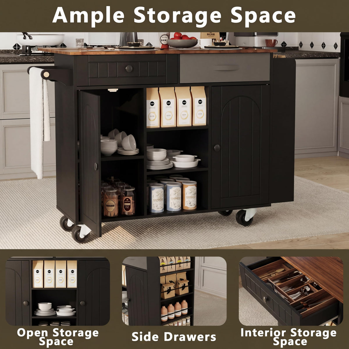 Ncoutaire Rolling Kitchen Island with Storage, Black