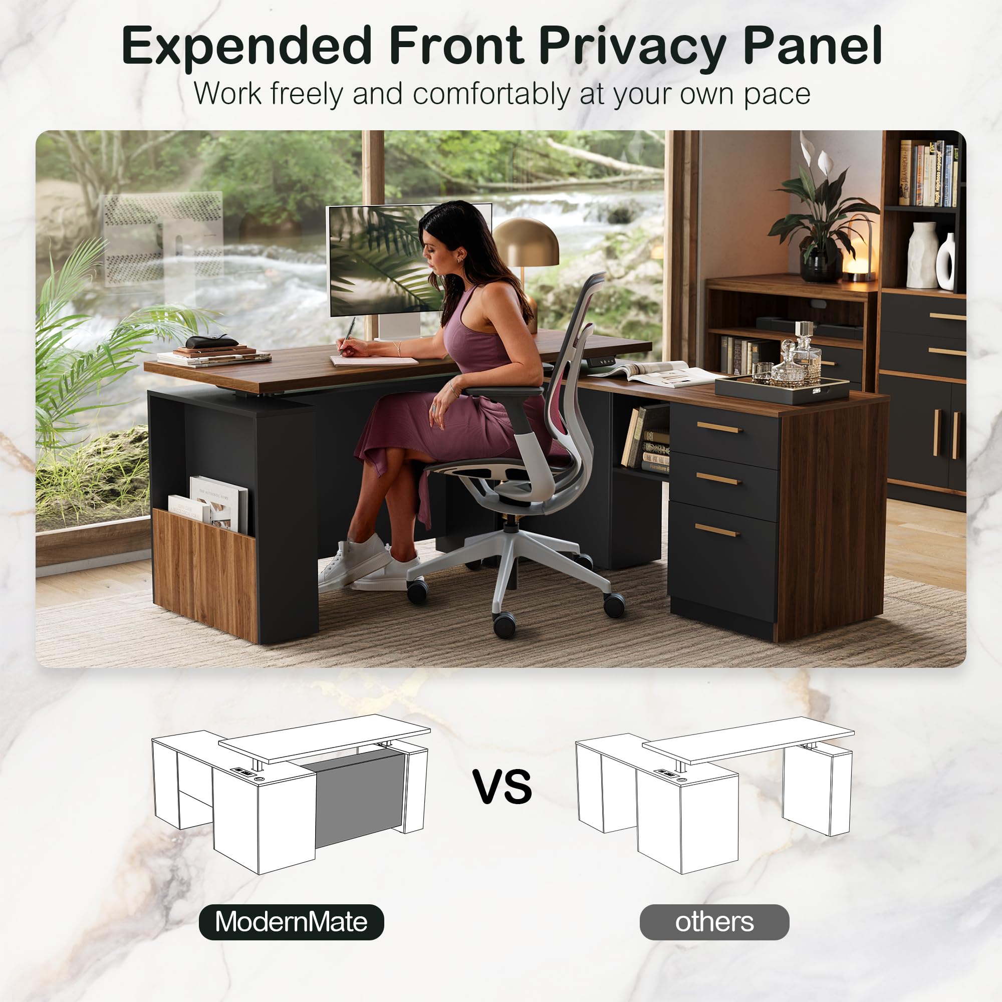 L-Shaped Electric Standing Desk with File Cabinet