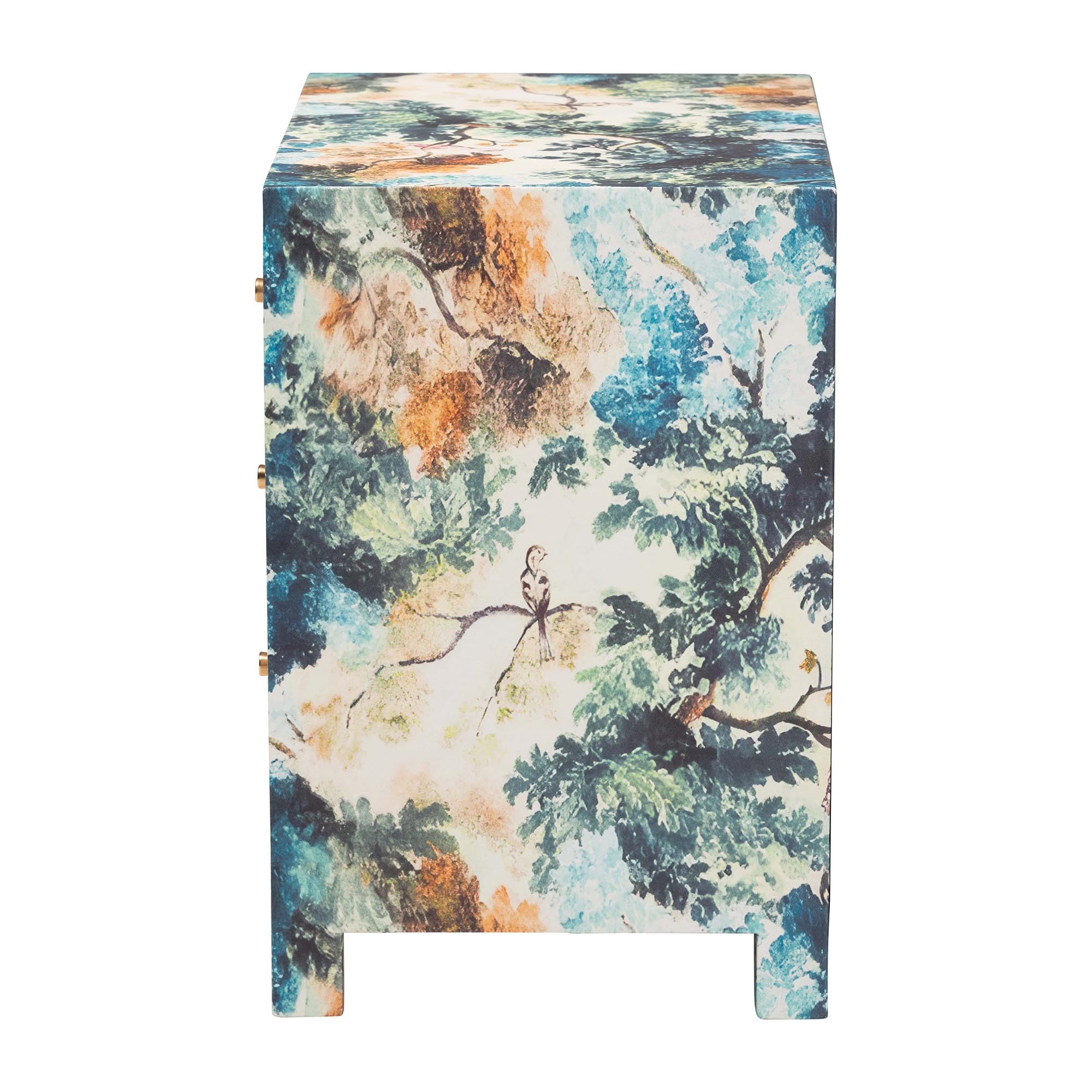 Baxton Studio Adeline End Table with Printed Nature Motif - 3-Drawer Storage Cabinet with Gold Knobs