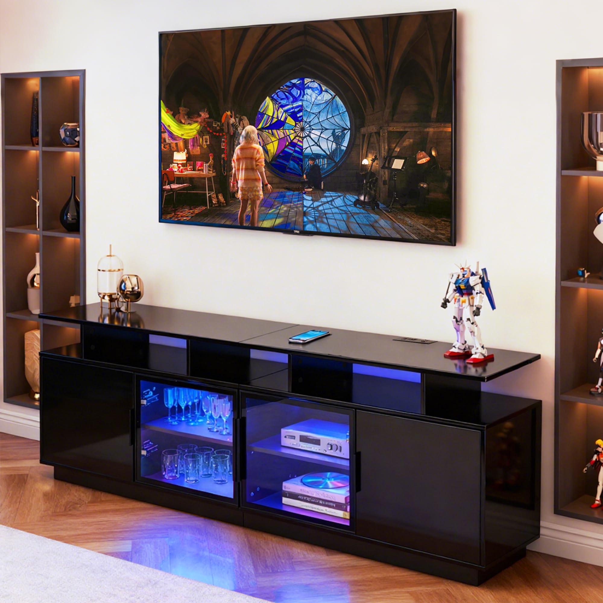 70" LED TV Stand with Glass Doors & Charging Station