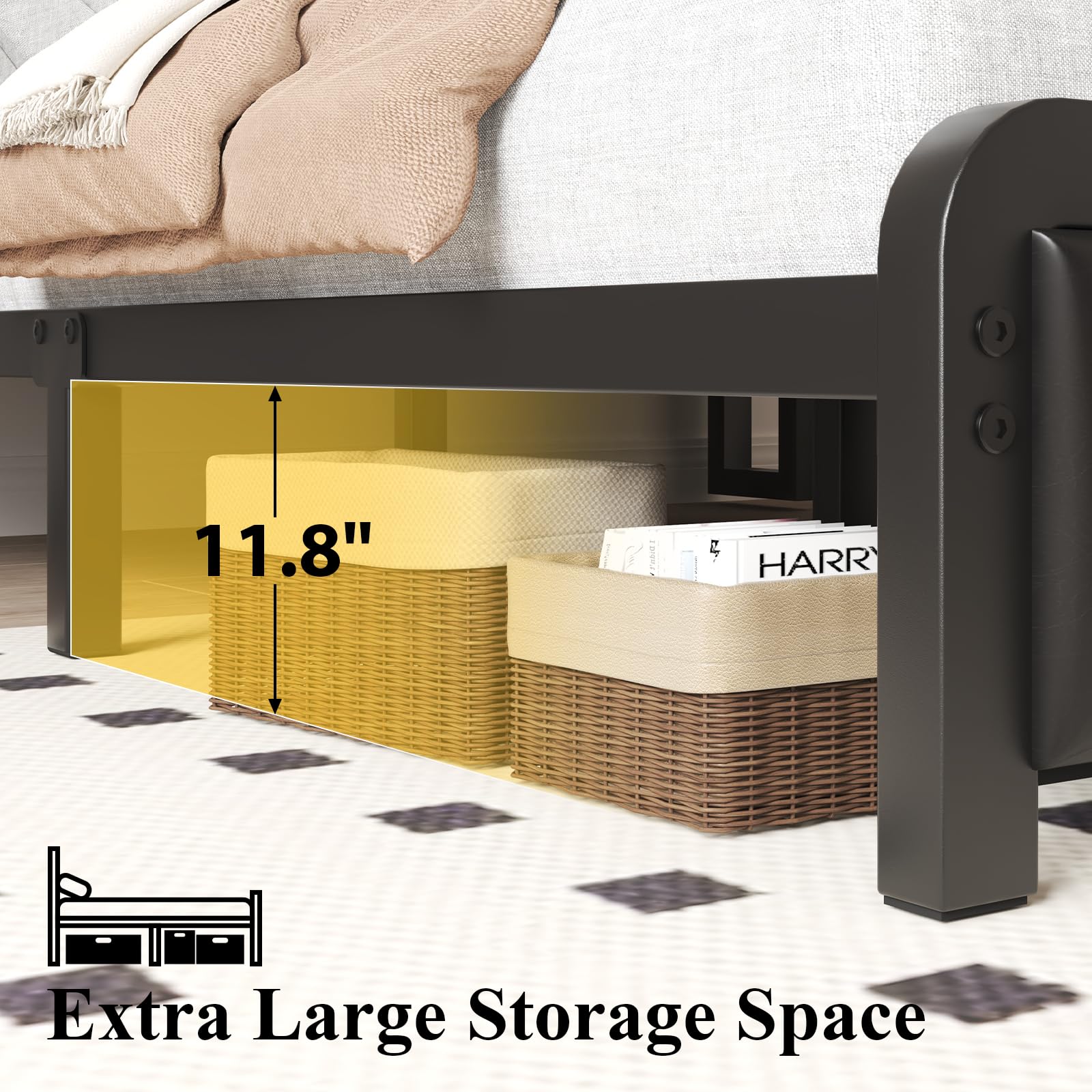 LoVinson Full Bed Frame with 3-Tier Storage Headboard & LED Lights, Upholstered PU Leather Platform Bed with Charging Station, Metal Slats, No Box Spring Needed, Black