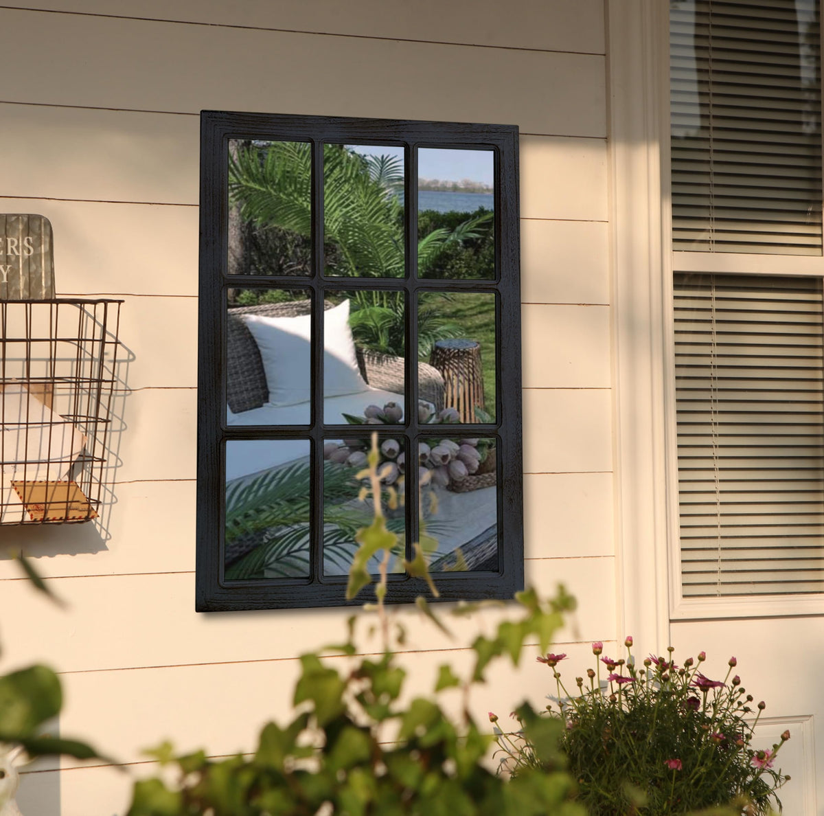 Black Wood Windowpane Wall Mirror