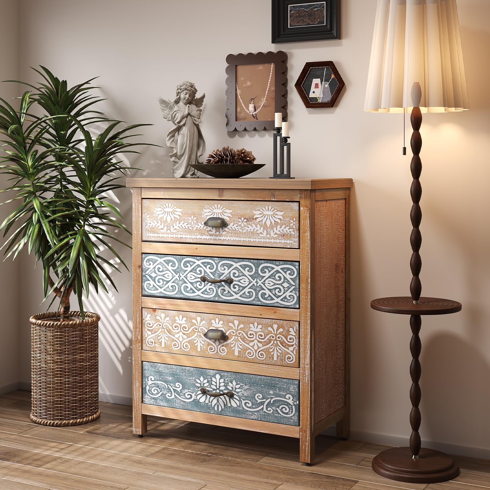 UWAMCIG Bohemian 4 Drawer Dresser, Boho Vintage Storage Cabinet, Rustic Solid Wood Accent Chest, Carved Wood Furniture, Traditional Country Style for Entryway, Living Room, Kitchen