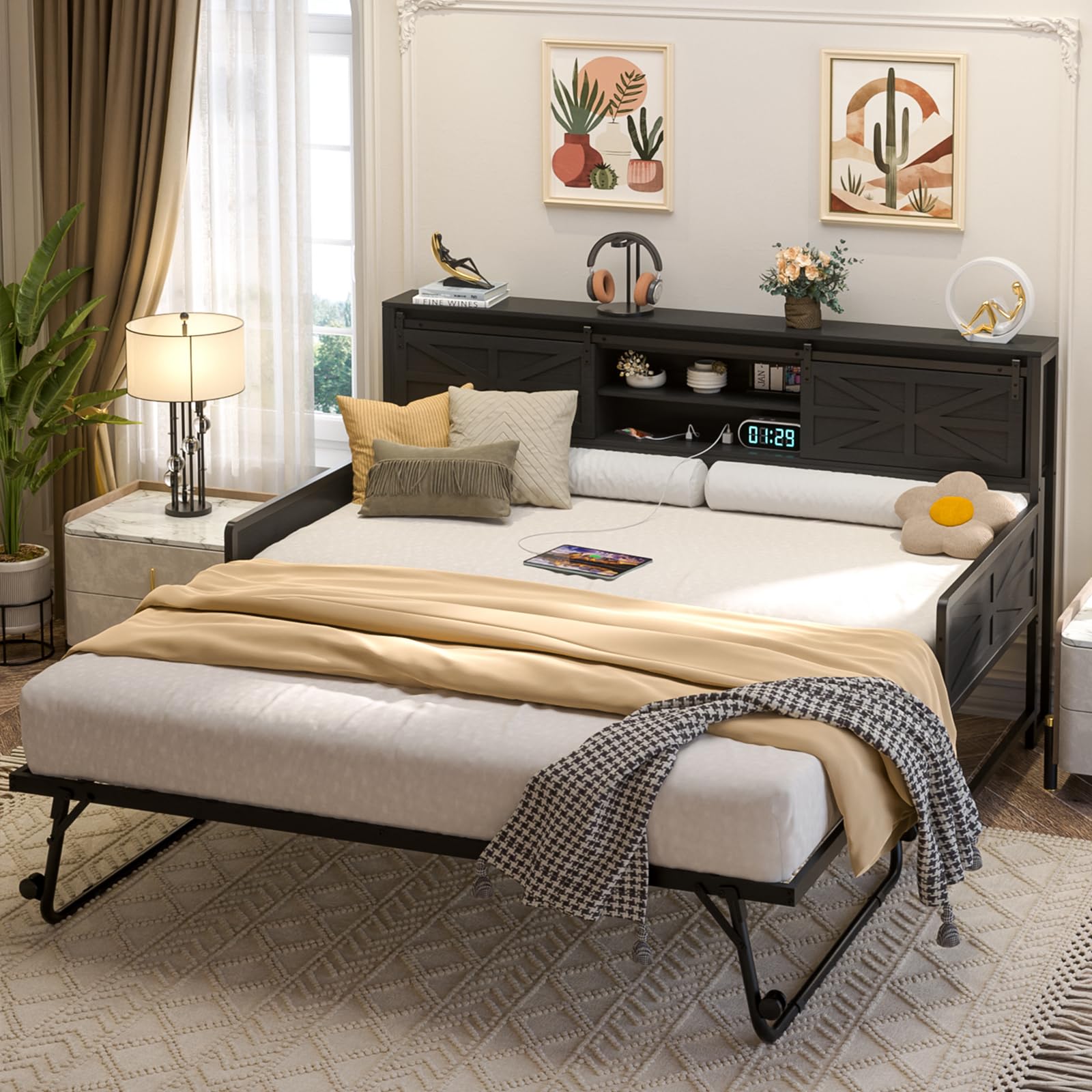 Homieasy Twin Daybed with Pop Up Trundle, Farmhouse Twin Bed with Bookcase Headboard and Charging Station, Black