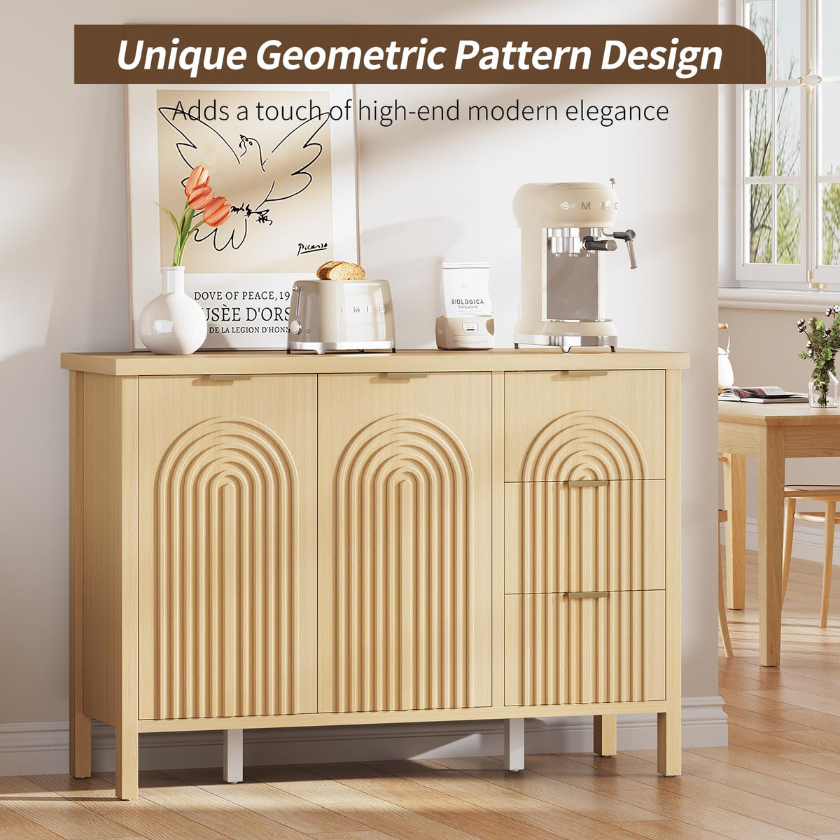 Curlaky Sideboard Buffet Cabinet with Storage - Fluted Accent Coffee Bar Cabinets Kitchen Credenza with Drawers & Doors, Wood Console Side Board with Adjustable Shelf for Living Room Entryway,Natural