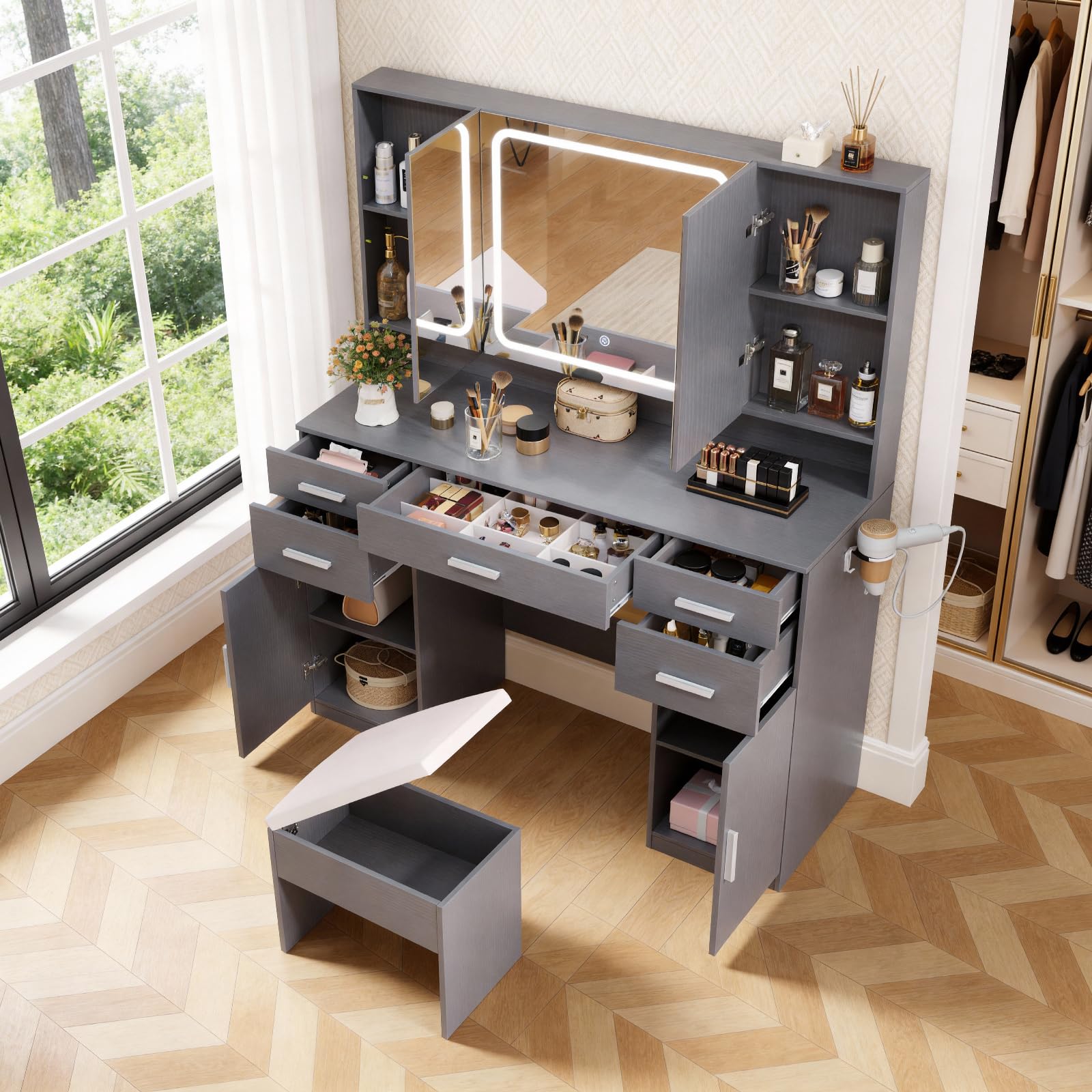 Makeup Vanity Set with Tri-Fold Mirror, Lights & Storage Stool