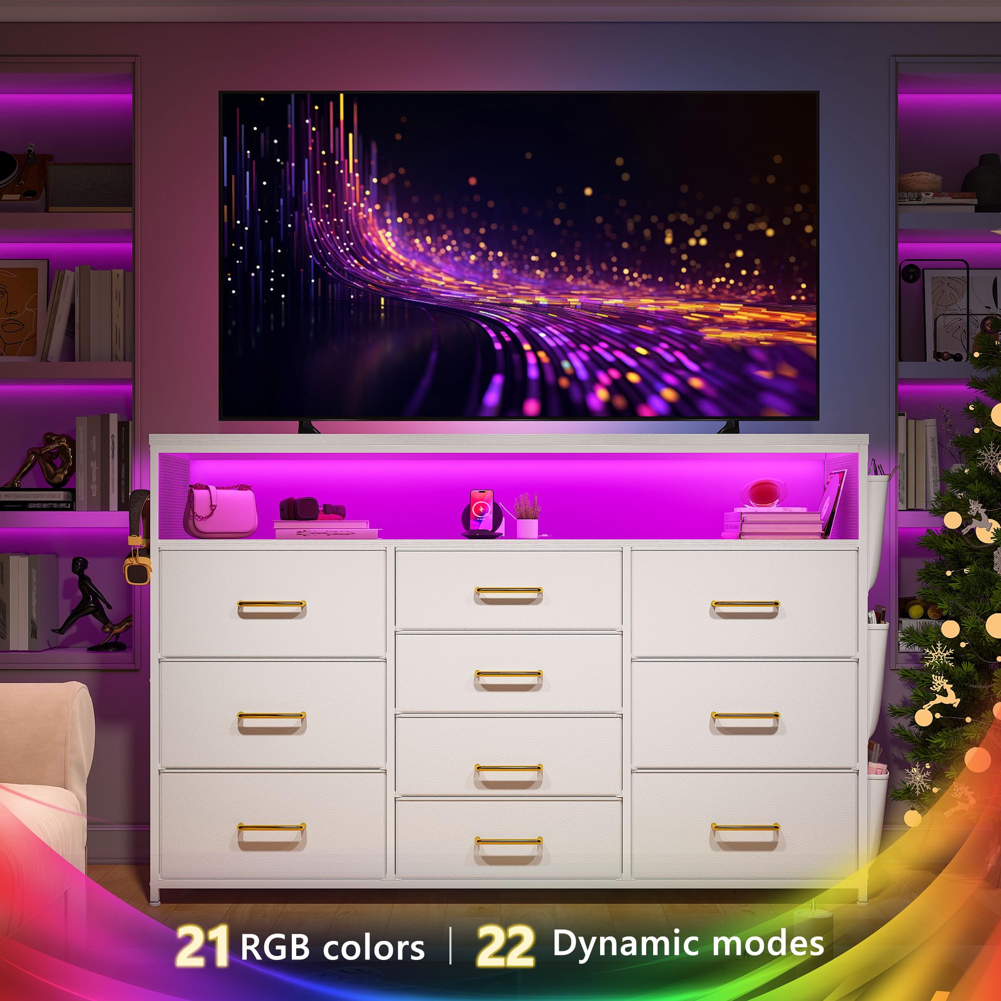 EnHomee 10 Drawer Dresser for Bedroom with Wood Open Shelves, 55" TV Stand for Bedroom with Power Outlets and LED Lights, Fabric Dressers & Chest of Drawers with Side Pocket, White