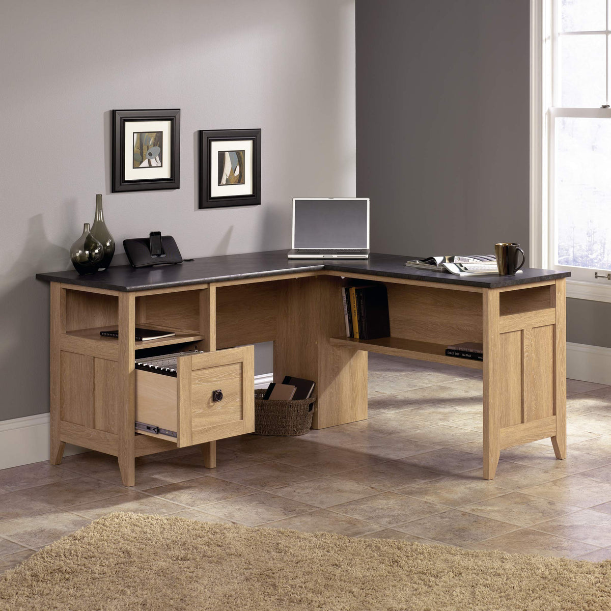 Sauder August Hill L-Shaped Corner Desk with Storage Drawer and Open Shelf for Home Office, in Dover Oak finish