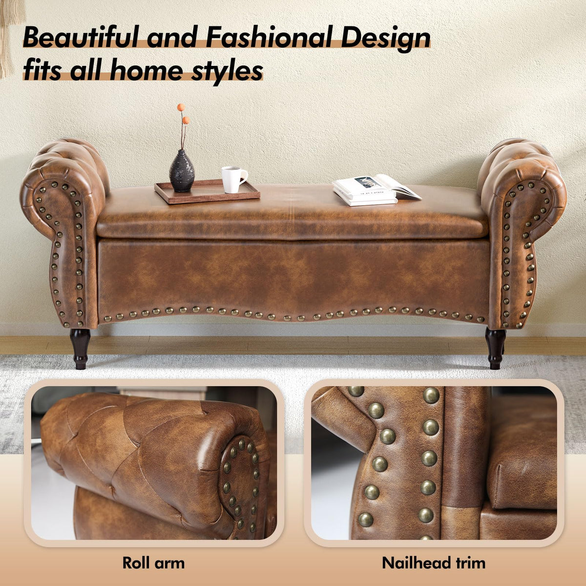 ZZW Storage Ottoman Bench, 51" Length Upholstered End of Bed Storage Bench for Bedroom with Safety Hinge, Tufted Bed Benches with Rolled Arm and Nailhead Trim for Living Room, Entryway Brown