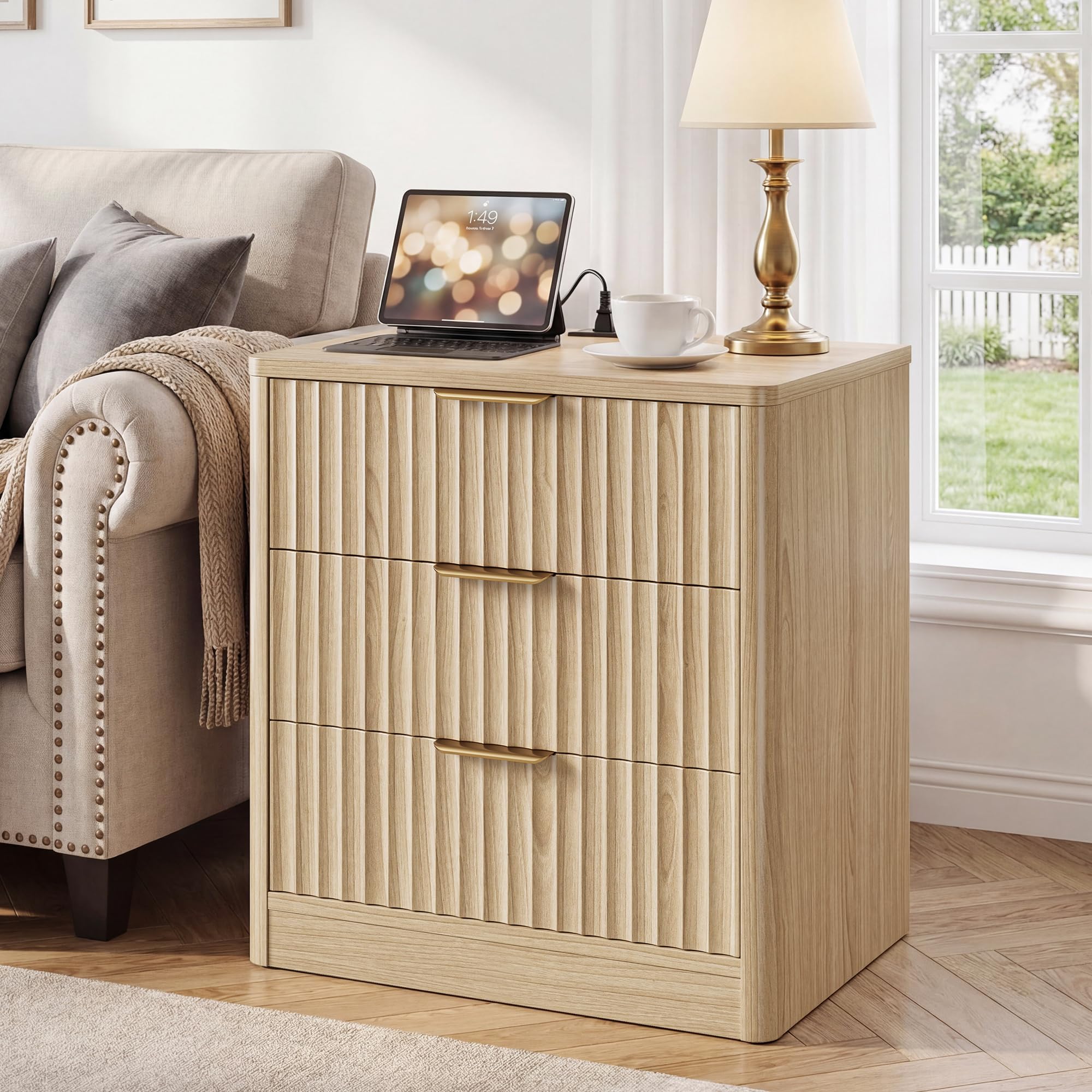 IRONCK Fluted Night Stand Set of 2, 22" Modern Nightstand with Charging Station & 3 Drawers, Bedside Table for Bedroom, Natural Oak