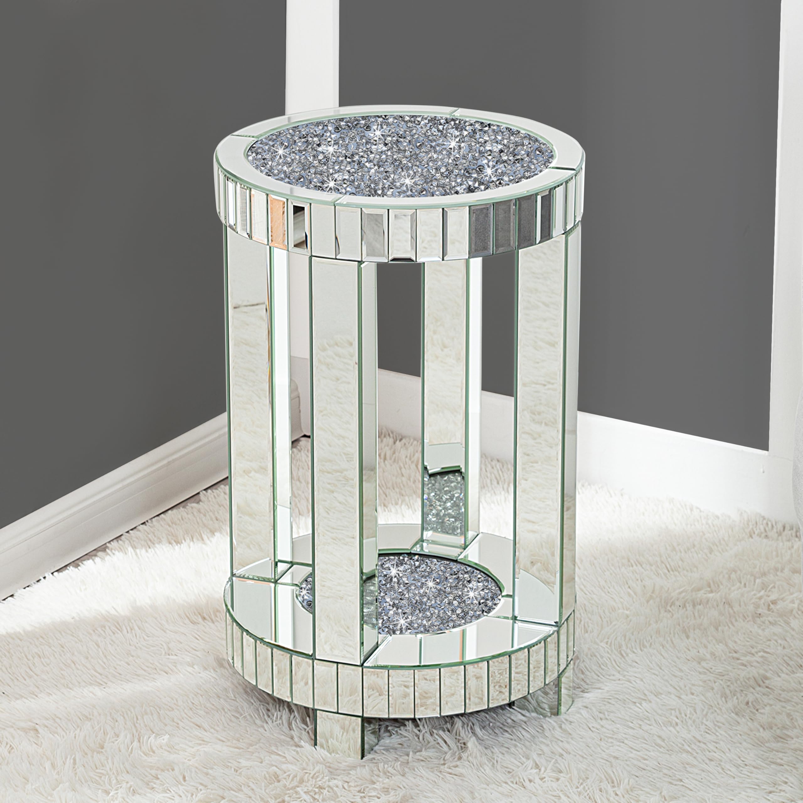 SHYFOY Mirrored Round End Table with Crystals Inlay, 2-Tier Modern Glass Small Sofa Table with Storage, Silver Accent Table for Living Room, Bedroom and Small Spaces