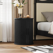 LINSY HOME Round Fluted End Table, Tall Side Table with Sliding Tambour Door and Storage Shelf, Mid Century Modern Nightstand for Living Room, Bedroom, Black