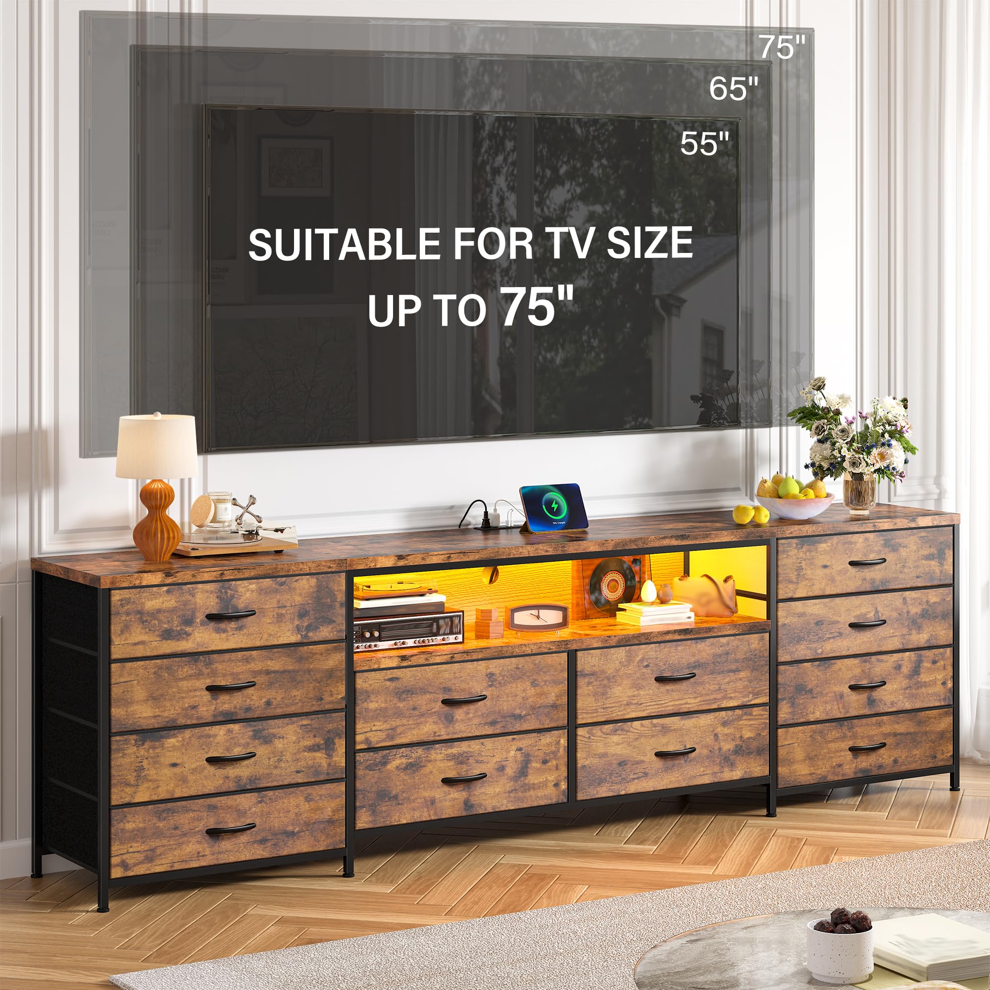 EnHomee 63" W TV Stand Fits 65/70 Inch TV, 12 Drawers Dresser with LED Lights & Power Outlets, Entertainment Center Long Fabric Dresser for Bedroom, Living Room, Hallway, Rustic Brown