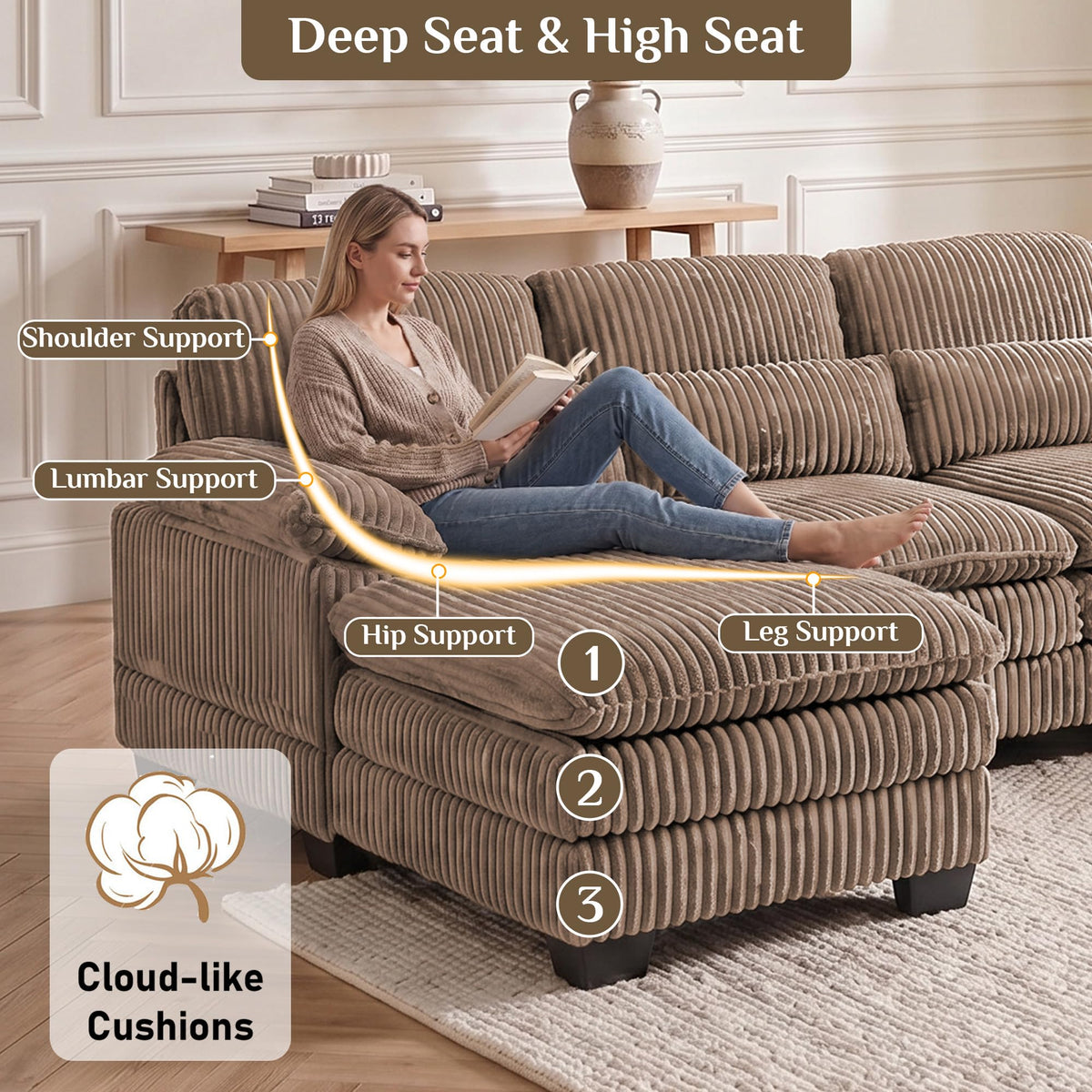 113" U Shaped Sectional Sofa Modular Couch with Ottoman, Corduroy Brown