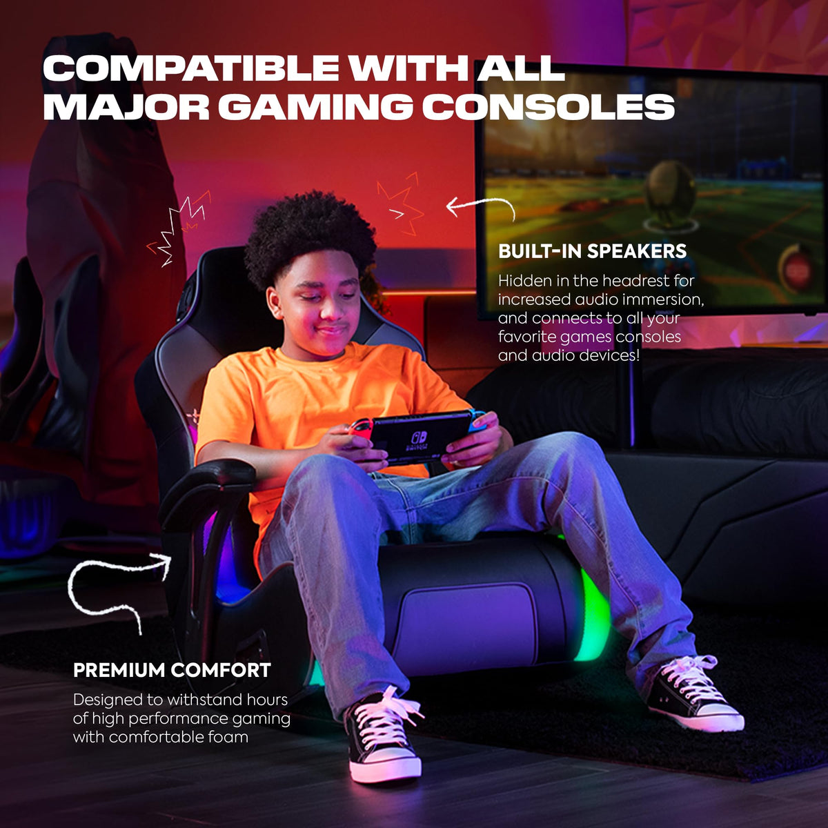 X Rocker G-Force RGB LED Video Gaming Floor Chair with Armrests, Built-in Audio via Wireless Bluetooth, Foldable, Vegan Leather, 300 lbs Max, Black, Gifts for Gamers