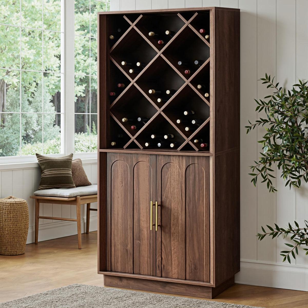 FORTUNETEC 70.87" Tall Liquor Cabinet, Diamond Wine Rack, Walnut