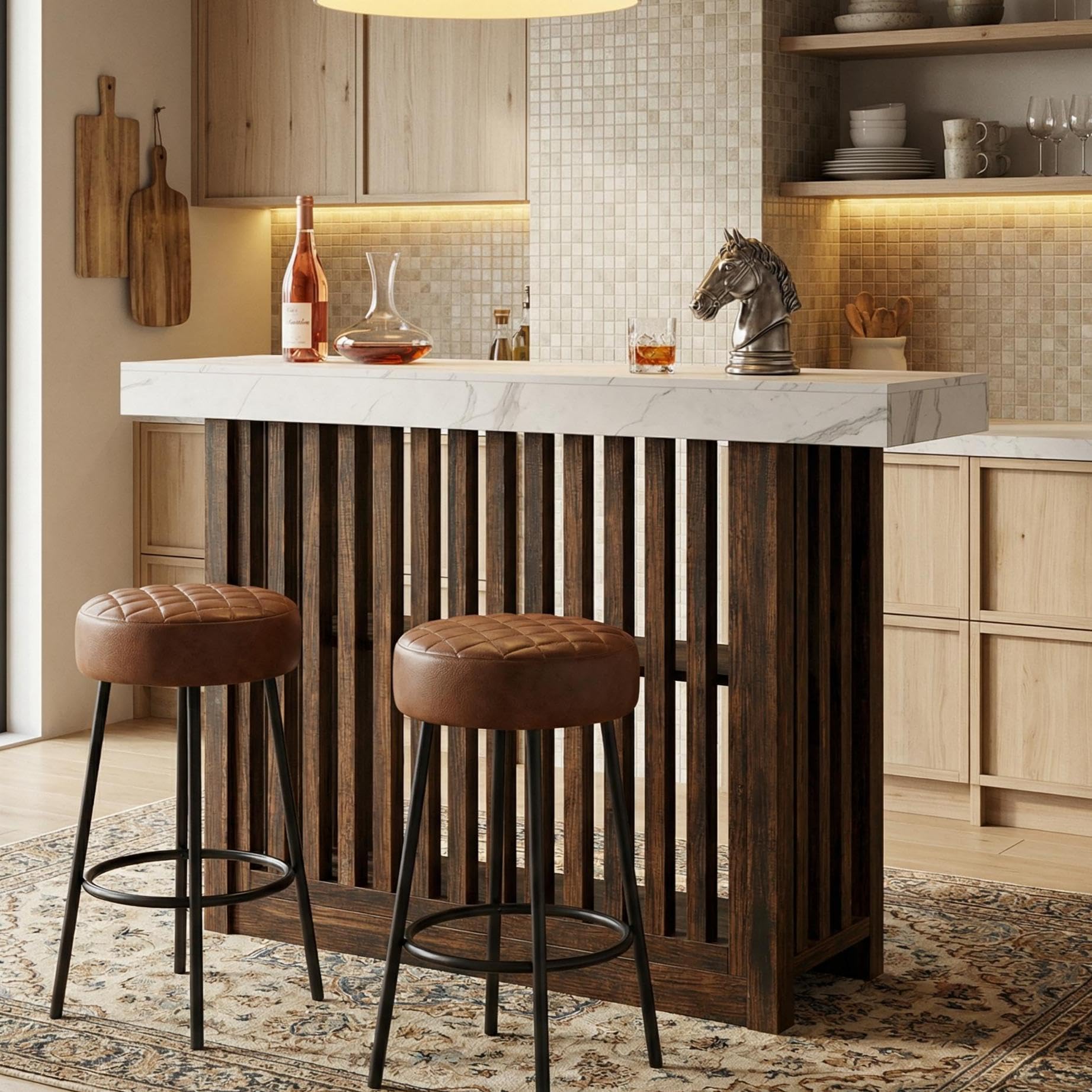 GarveeHome 63" Long Bar Table - Counter Bar Height Pub Table with 2 Tier Storage Shelves, Modern Coffee Breakfast Bar Unit for Dining Room, Bistro, Living Room, White + Walnut