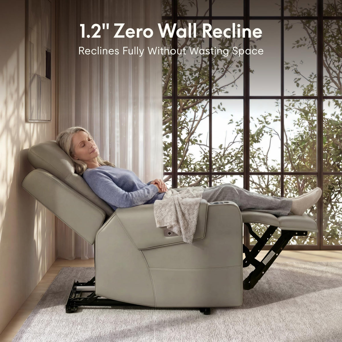 FLEXISPOT Truffle Top Grain Leather Power Wall Hugger Recliner, Beige